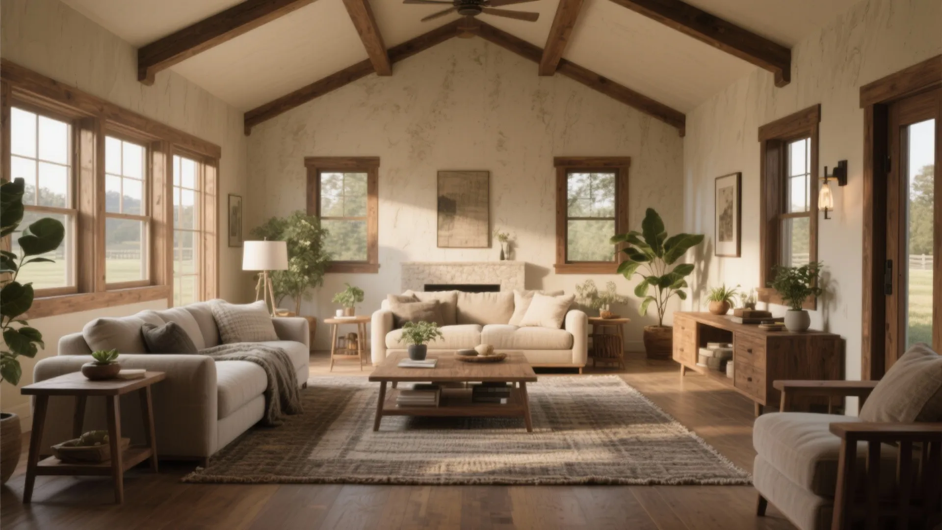 Warm rustic living room featuring wooden ceiling beams cream sofas patterned rug and large green plants
