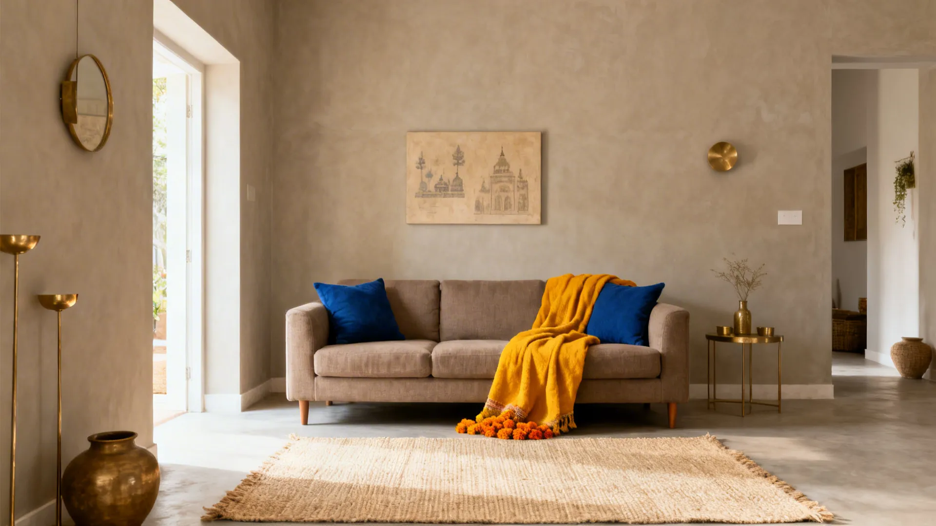 Neutral Indian living room with taupe sofa and indigo-marigold accents that expand visual space
