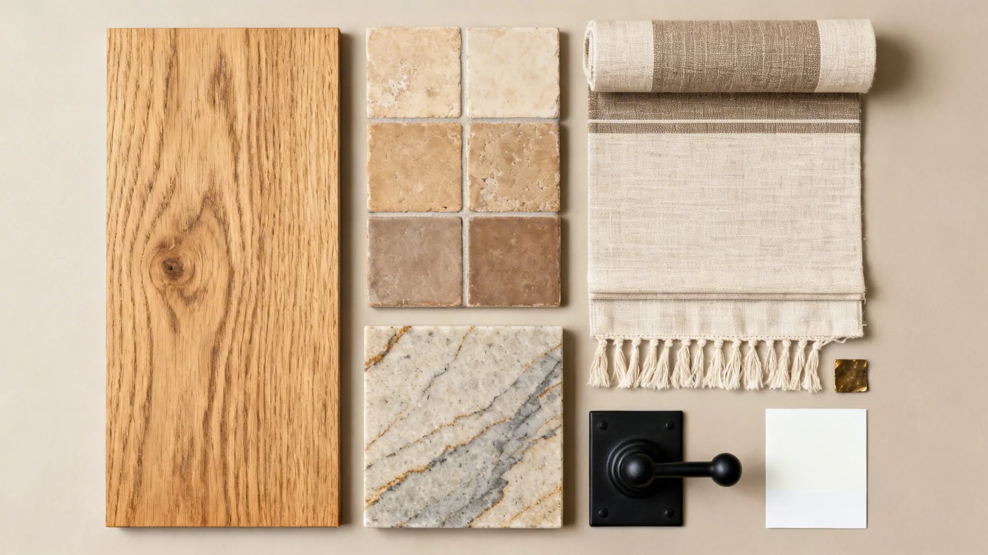 Flat lay of oak, sand-toned tile, linen fabric, and honed quartz samples