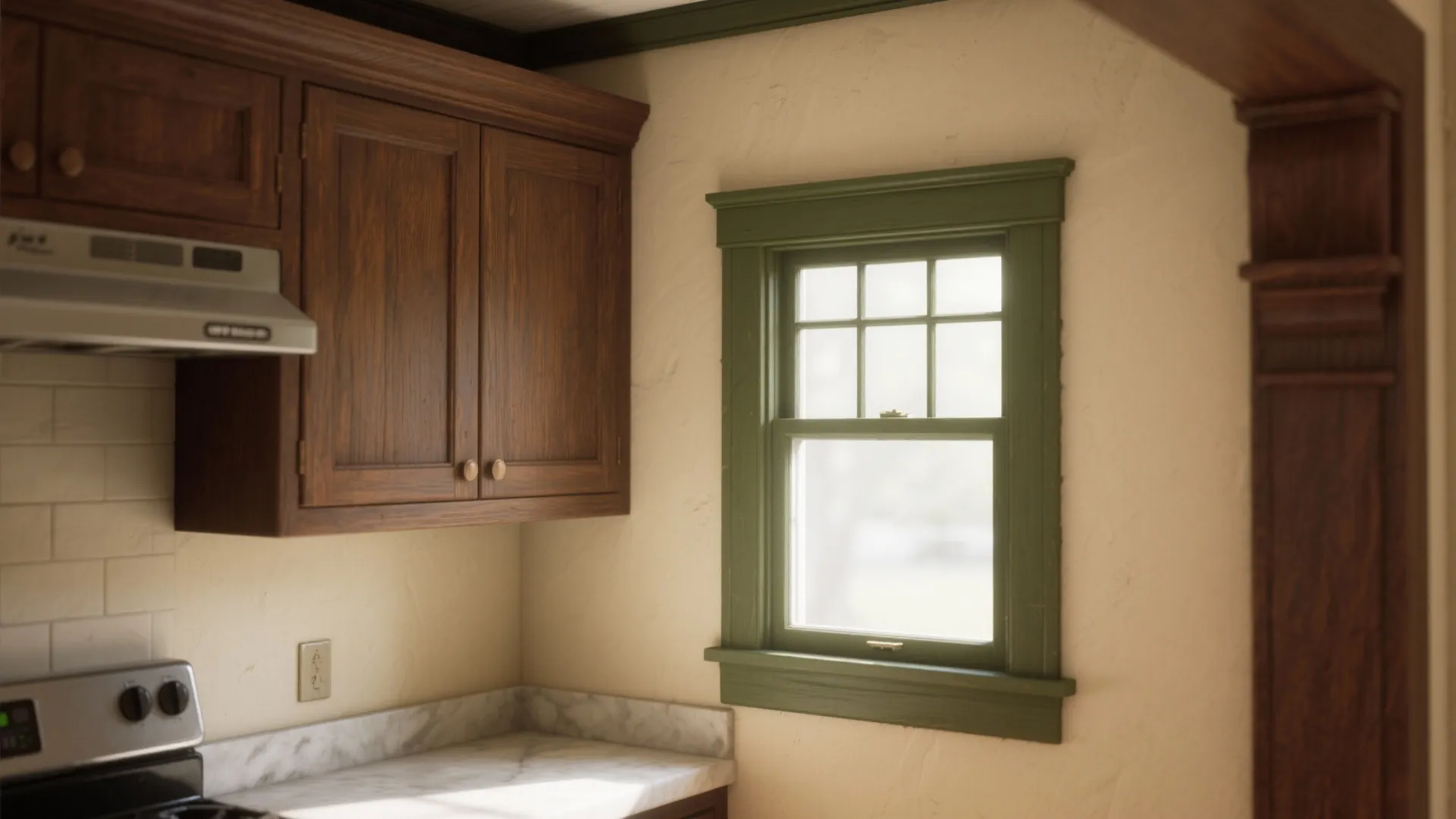 Kitchen corner with dark wood cabinets green window frame white wall stove and range hood