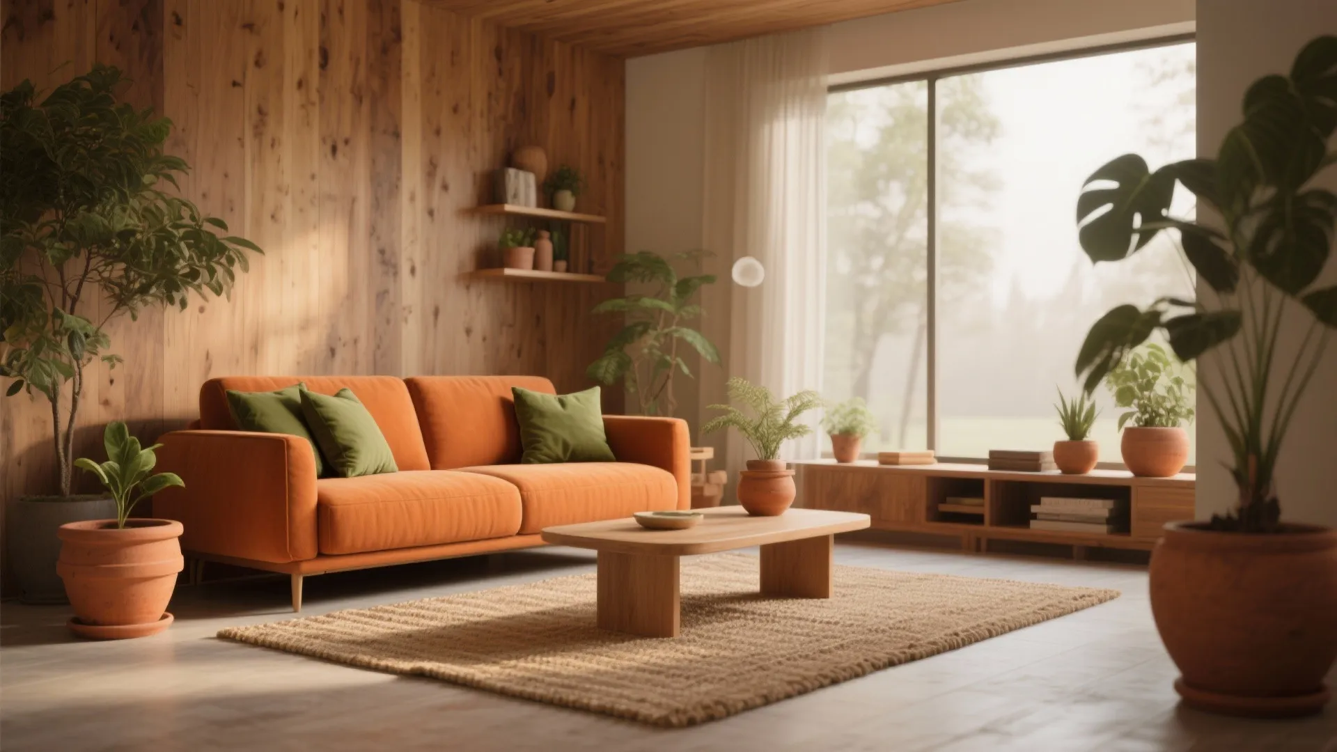 Modern living room with orange sofa green cushions wood wall paneling coffee table and potted plants