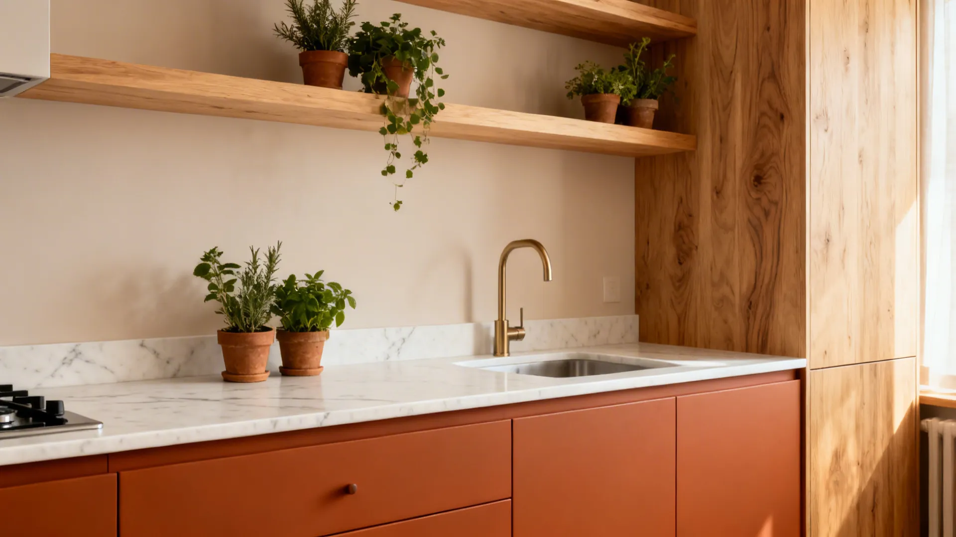 Terracotta lower cabinets with oak shelves and warm white quartz in a small kitchen.