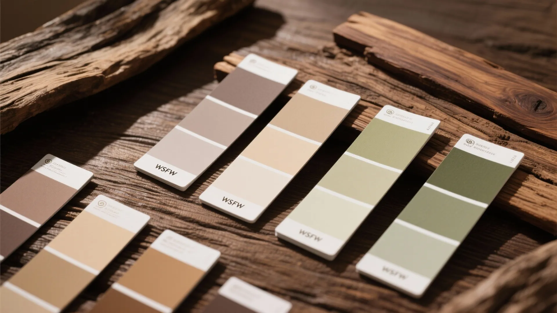 Green and brown color palette cards placed on a textured dark wood surface with sunlight