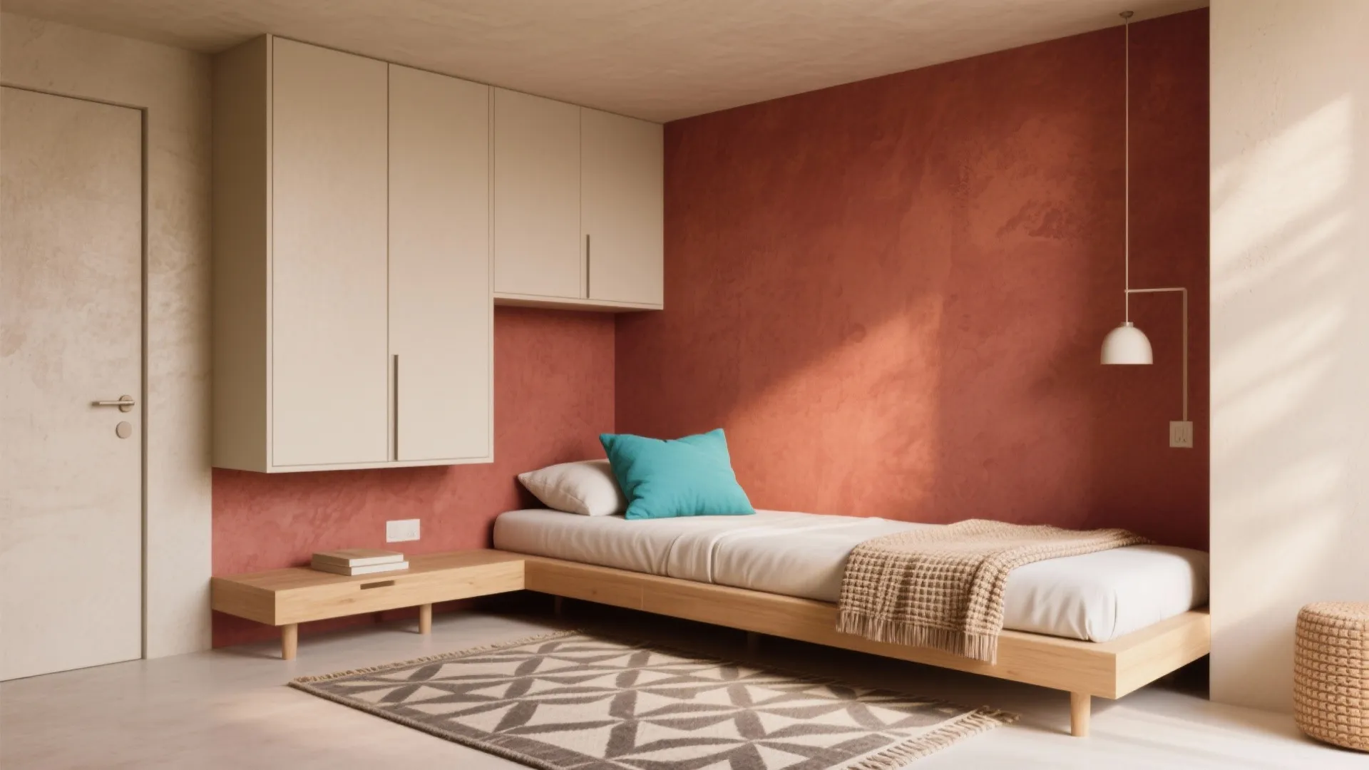 Modern small bedroom with terracotta red wall white cabinets wooden bed frame and patterned rug