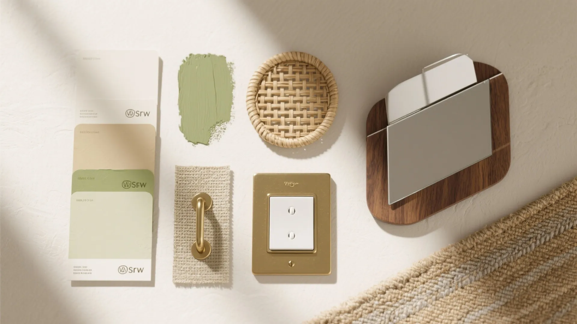 Interior design material board with green paint swatches gold light switch fabric samples and wood elements