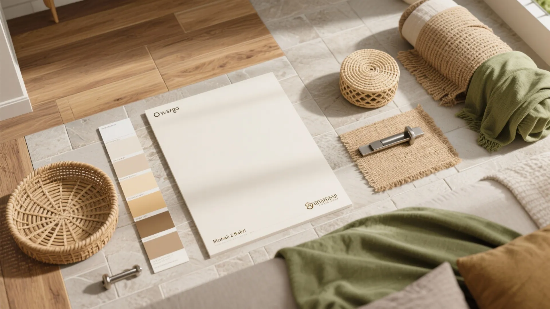 A light, earthy palette with warm wood