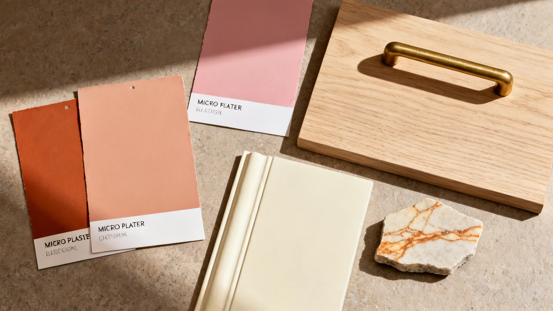 Flatlay of terracotta, earthy pink, beech wood, brass, and warm stone samples.