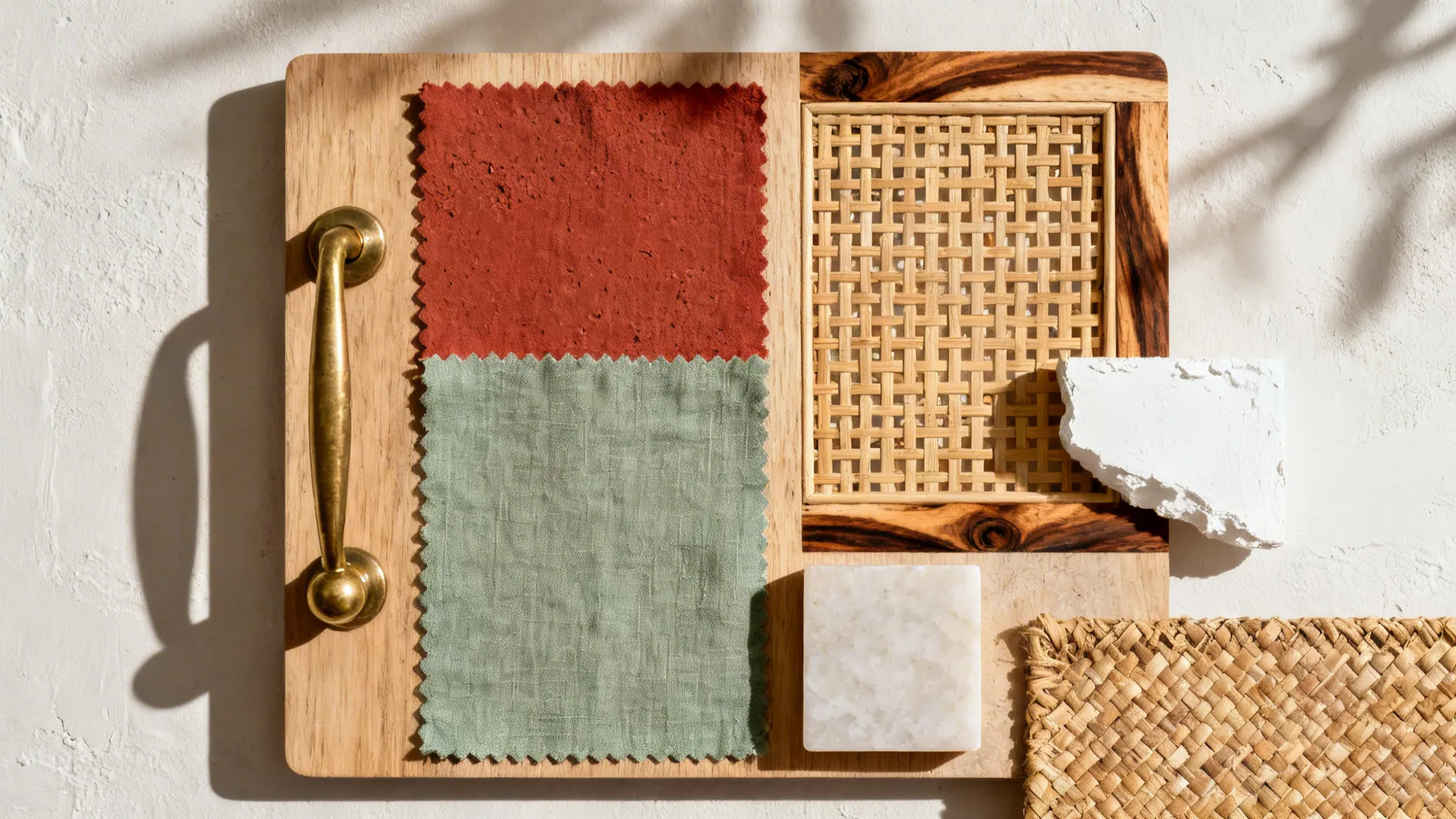 Flat lay of laterite red and sage textiles, brass hardware, cane, wood, and pale quartz.