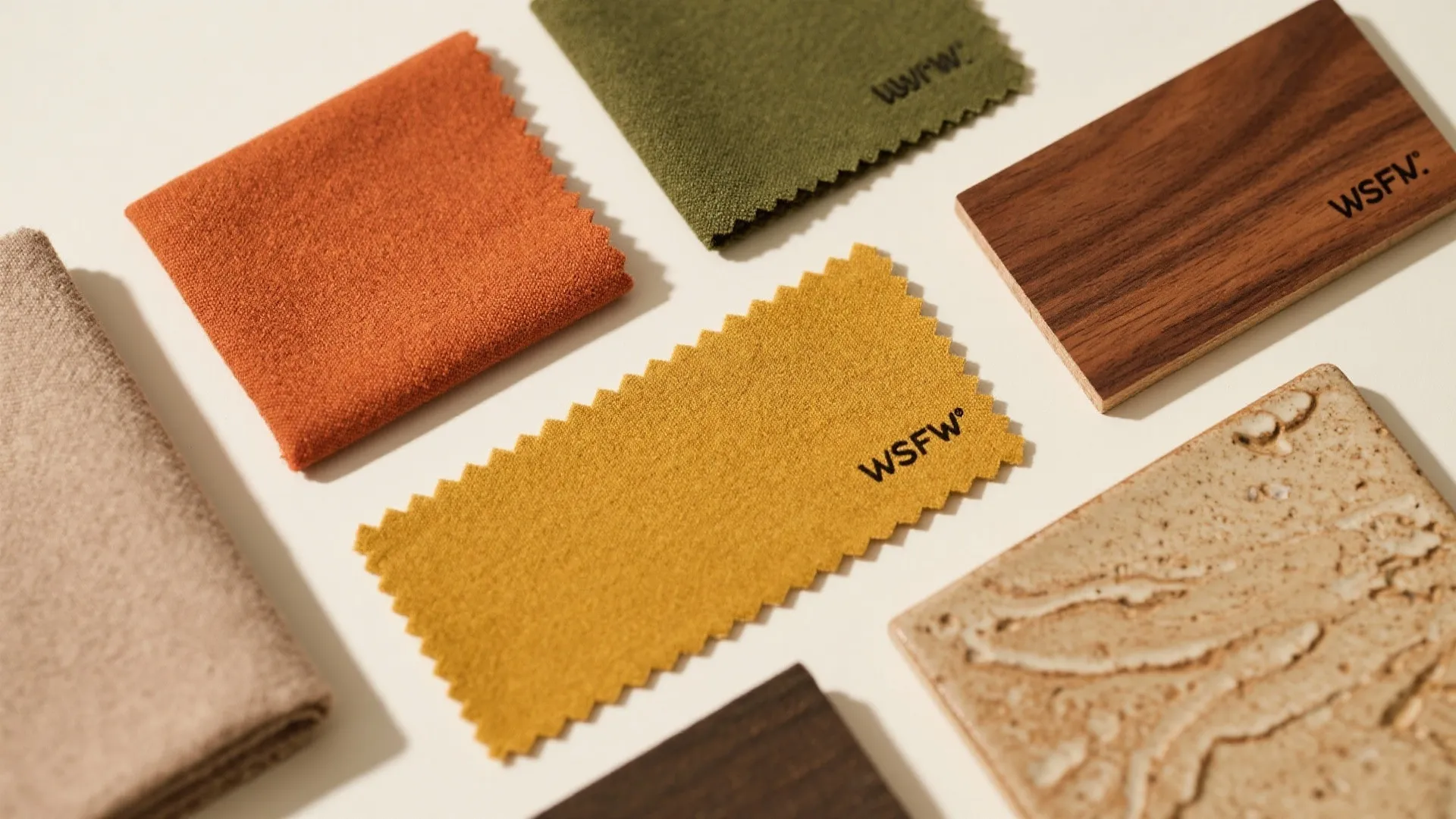 Collection of interior design material samples including colorful fabric swatches wood pieces and stone tile textures