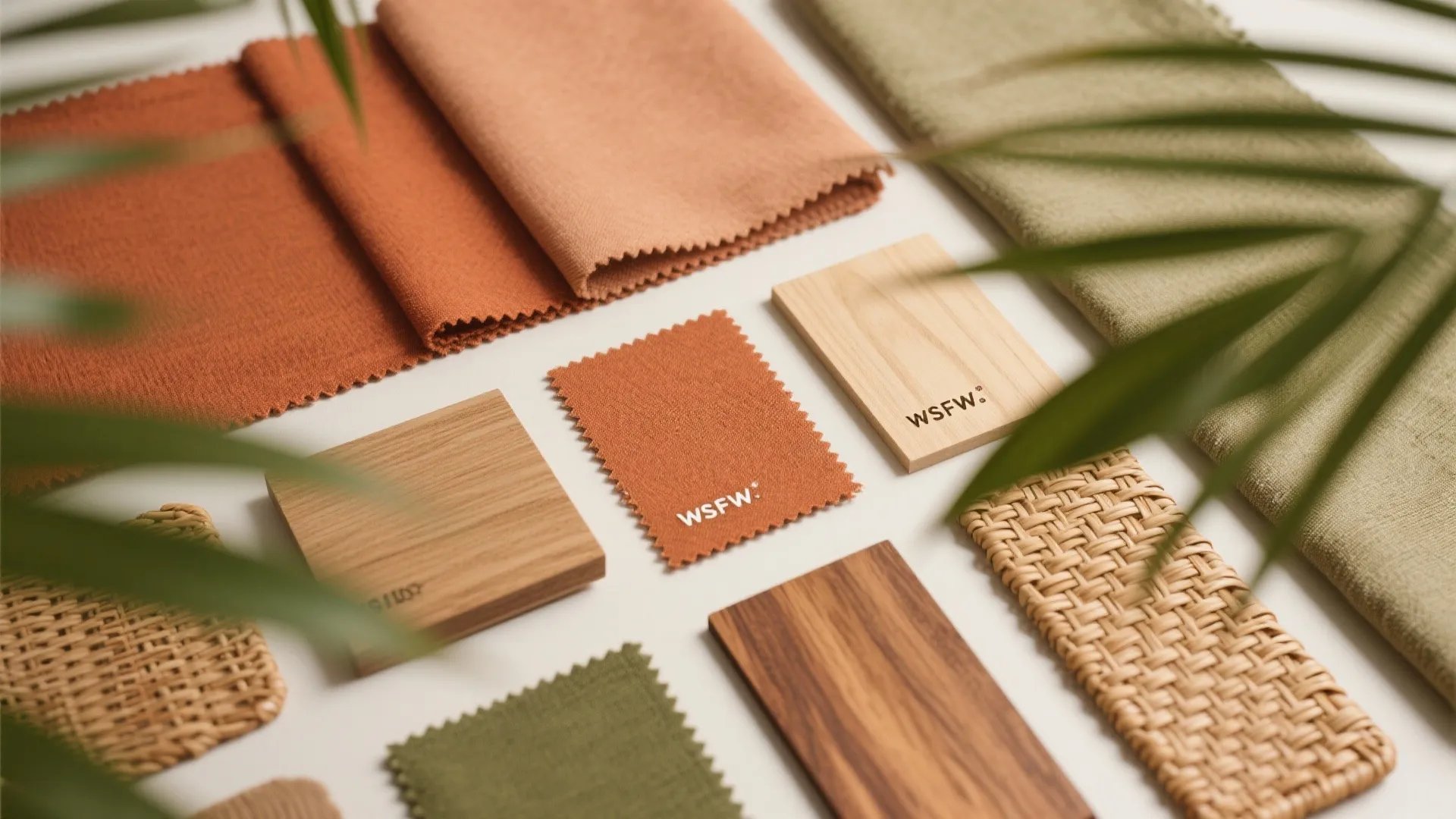 Flatlay of fabrics and wood in earthy terracotta and muted greens