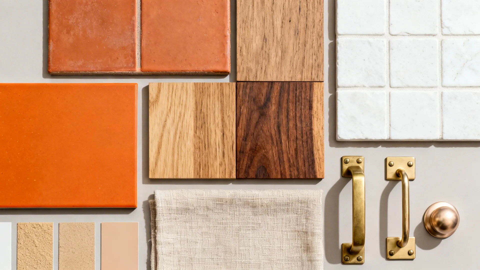 Top-down material board with orange surface, terracotta, oak, walnut, and warm metal samples.