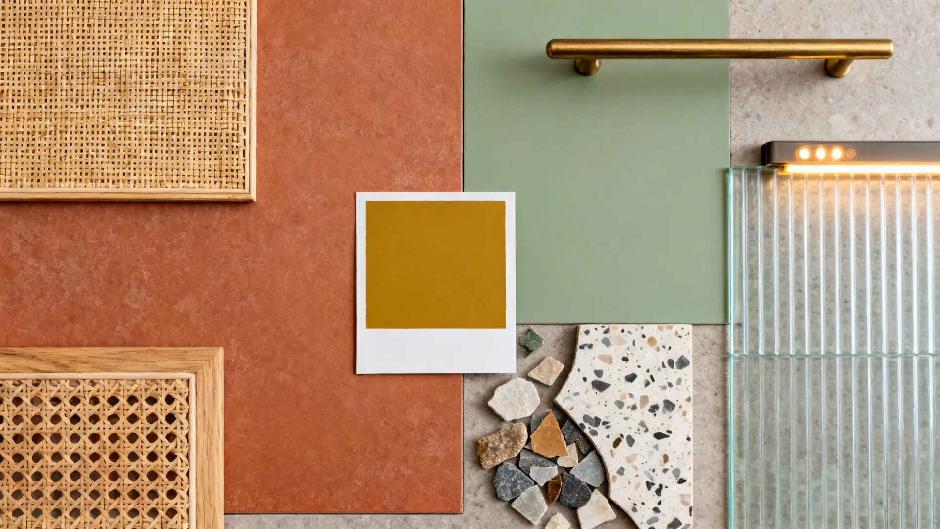 Flat lay with terracotta, sage, mustard swatches, cane mesh, terrazzo, and brass accents.