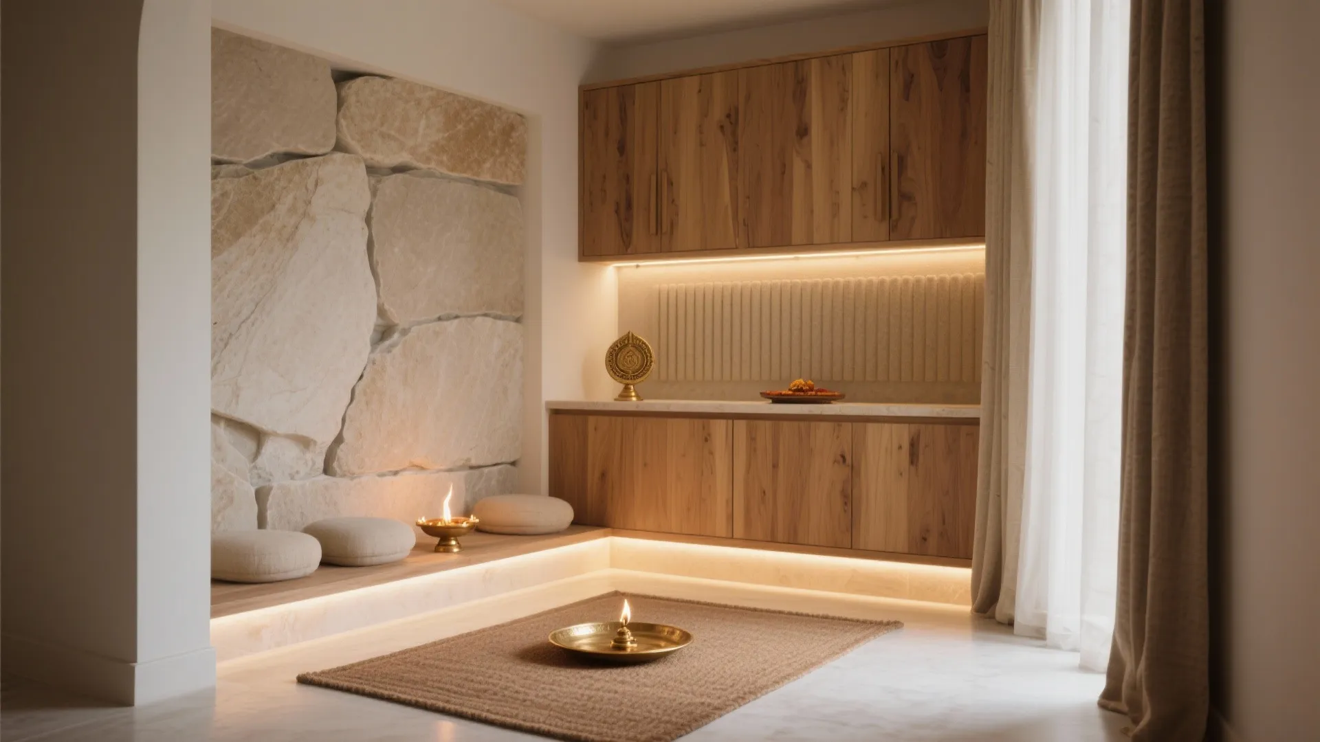 Earthy stone and wood palette with soft acoustics