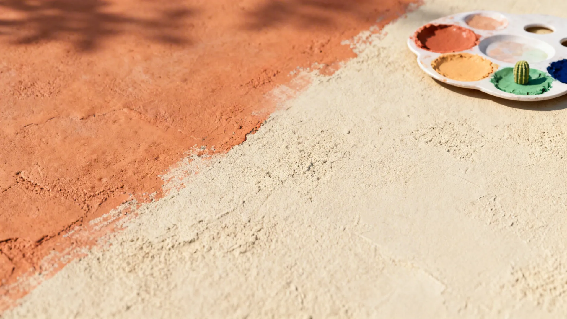 Wall paint color samples in terracotta and cream next to an earthy tone artist palette
