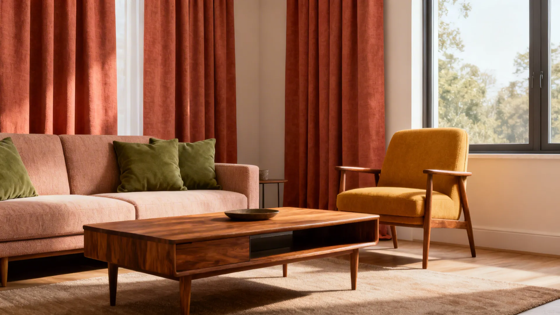 Mid-century living room showing terracotta curtains, olive pillows, and teak furniture