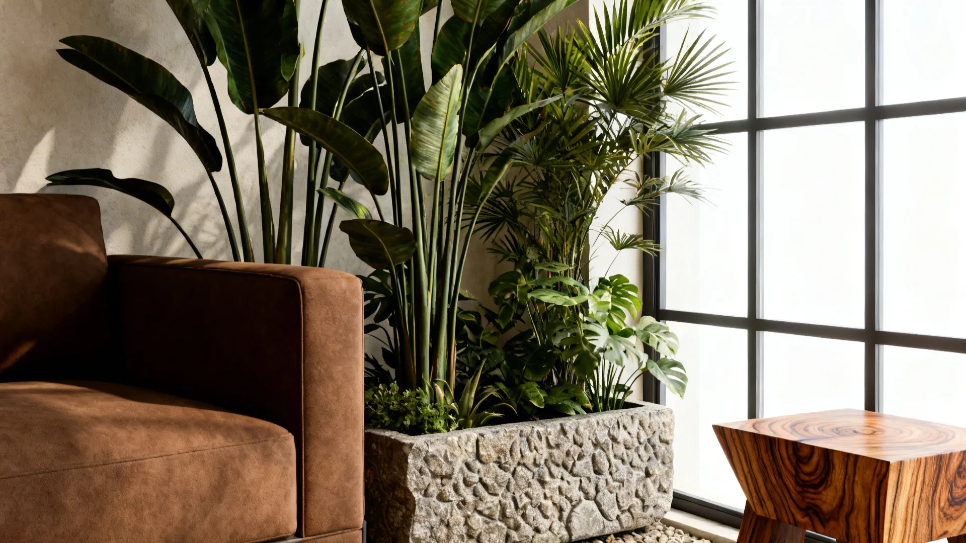 Brown furniture arranged with tall plants, stone accents, and a wooden side table near a window.