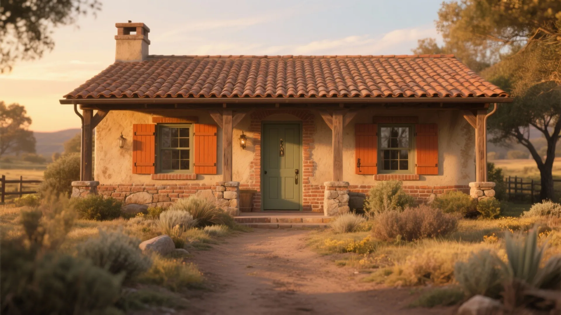 Small stone cottage with orange window shutters green door and tiled roof in open field