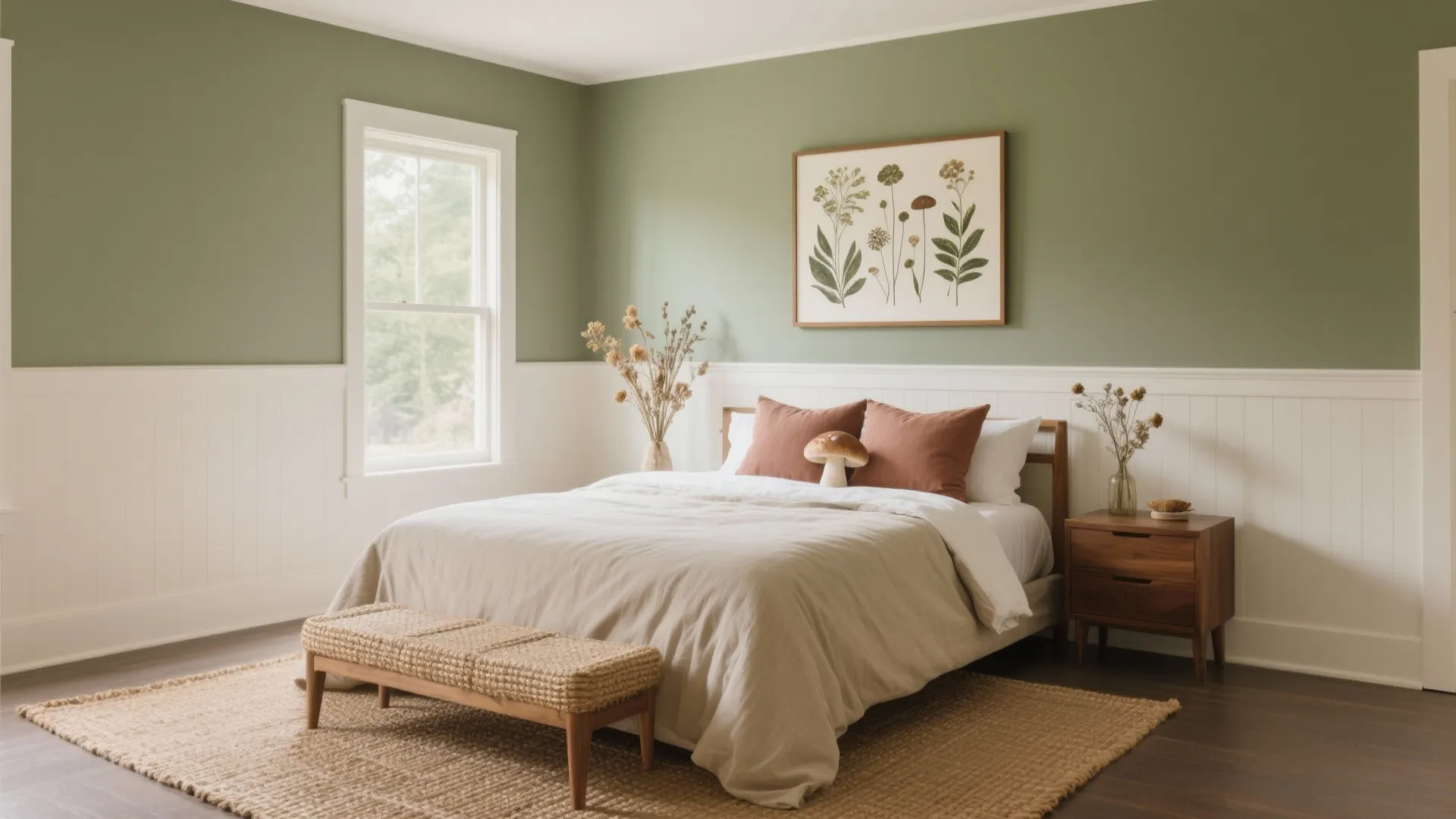 Green bedroom with white wall panel wood bed side table botanical art and woven footrest