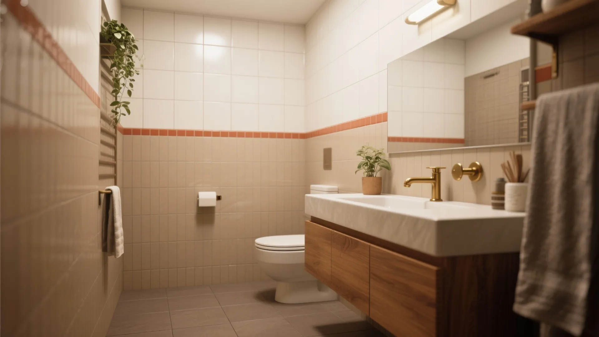 Warm bathroom interior with wooden cabinet gold faucet white toilet beige tiles and green plants
