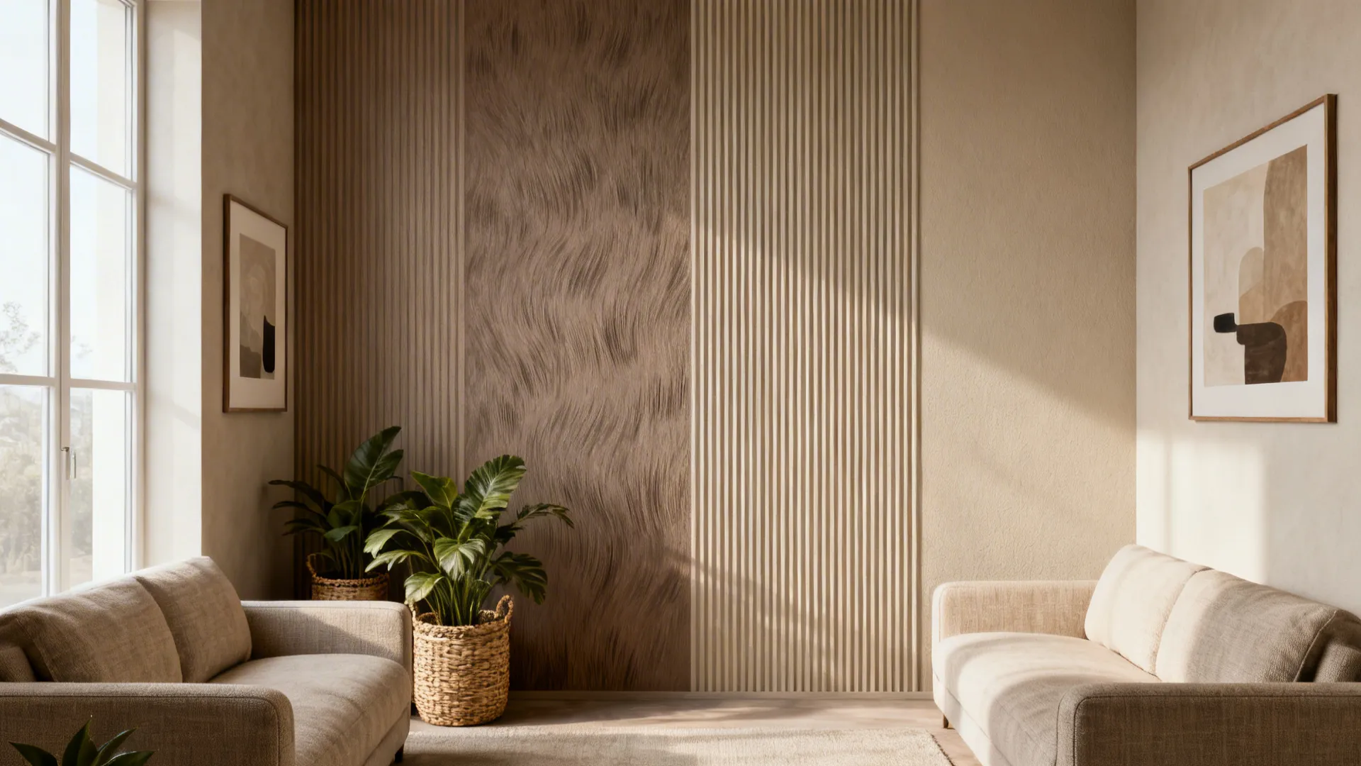Small living room with vertical strié walls in earthy neutrals and natural textures.