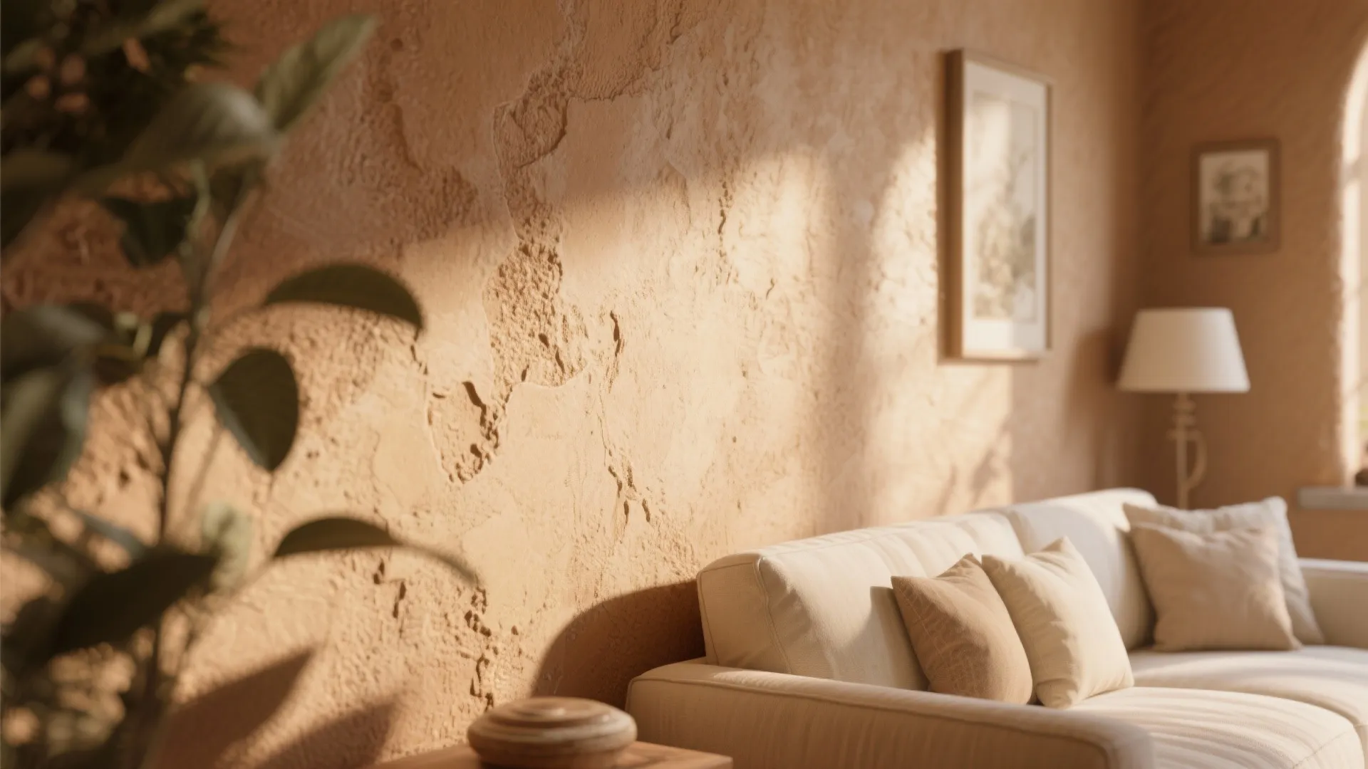Close up of tan plaster wall with sunlight shadows white sofa pillows and green indoor plant