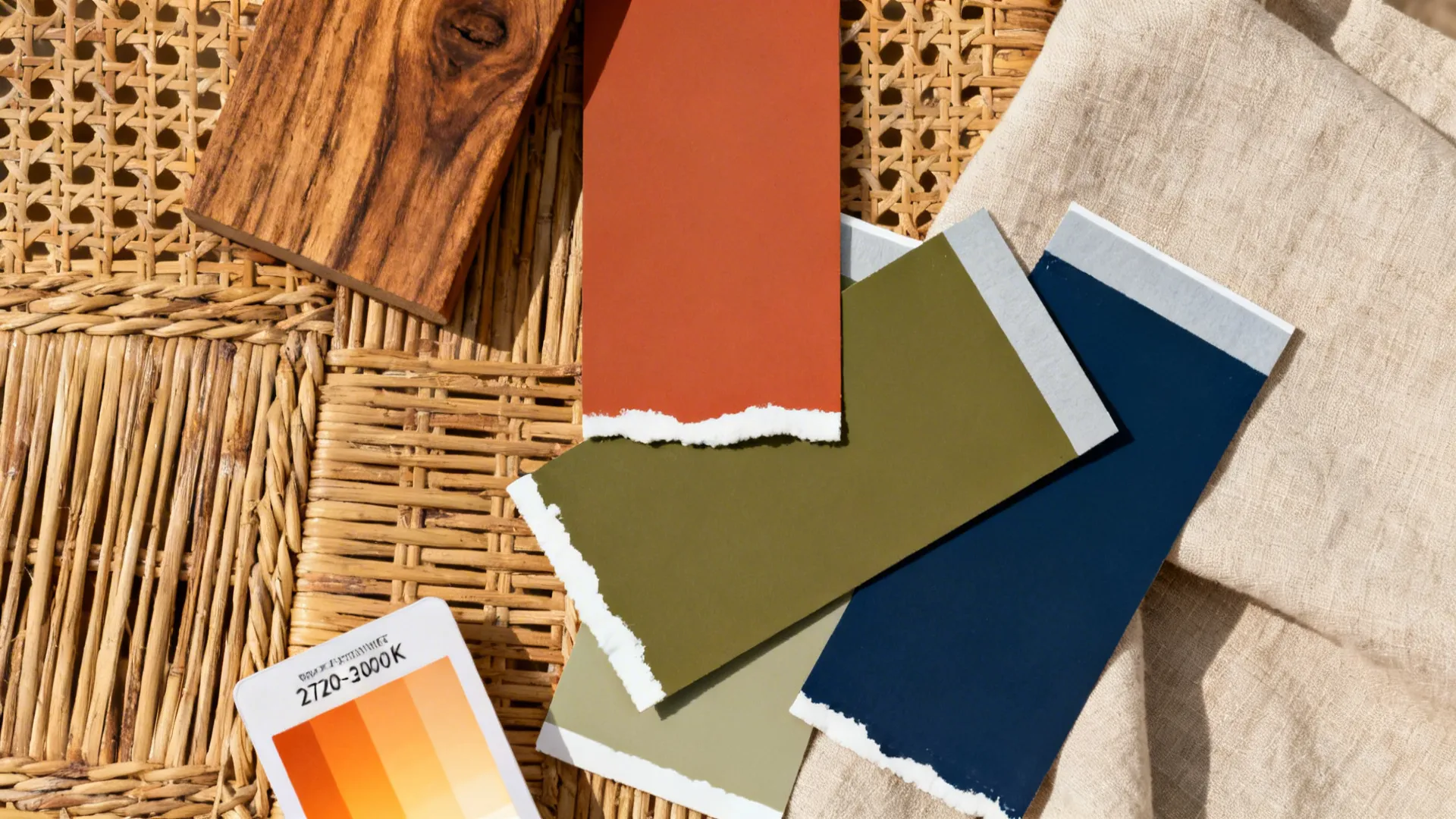 Flat lay of terracotta, olive, and indigo paint swatches with teak, cane, and linen samples.