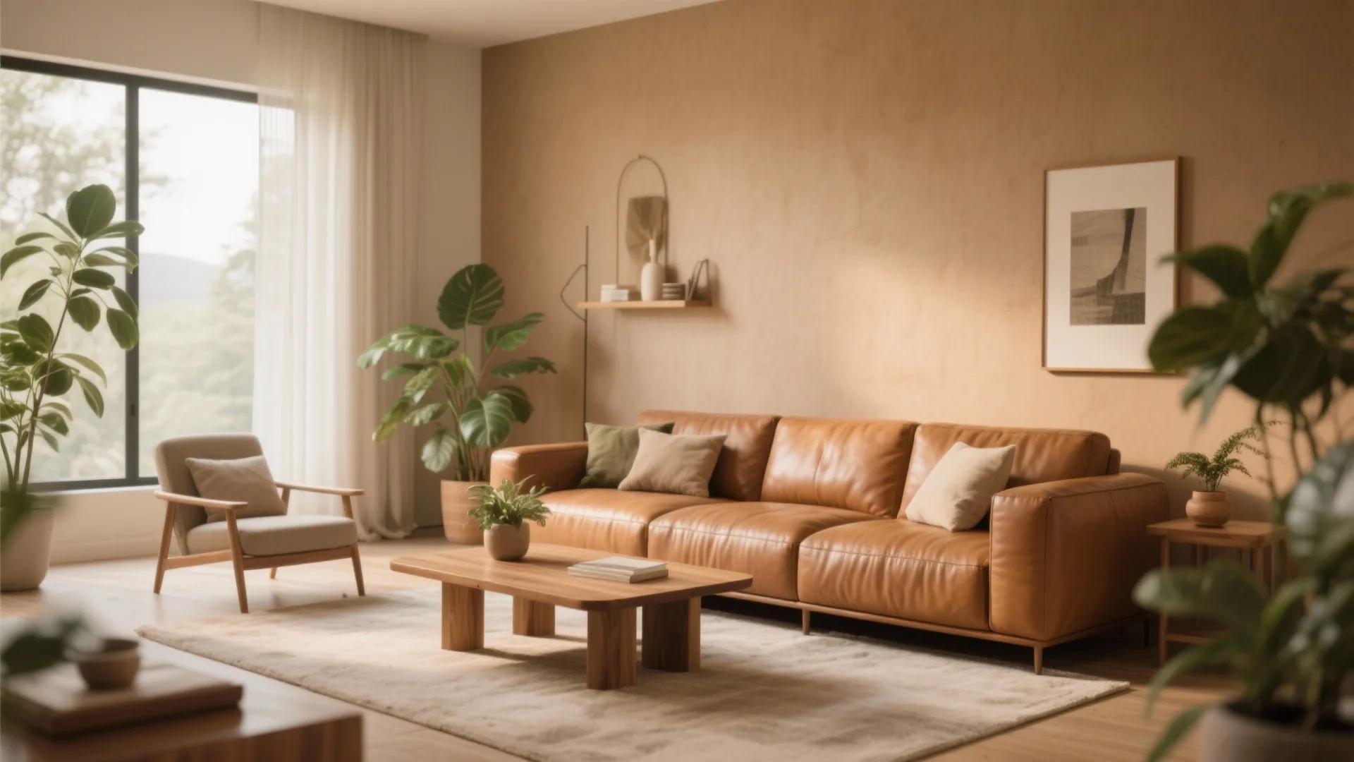 3. Earthy Tones with Leather Sofas