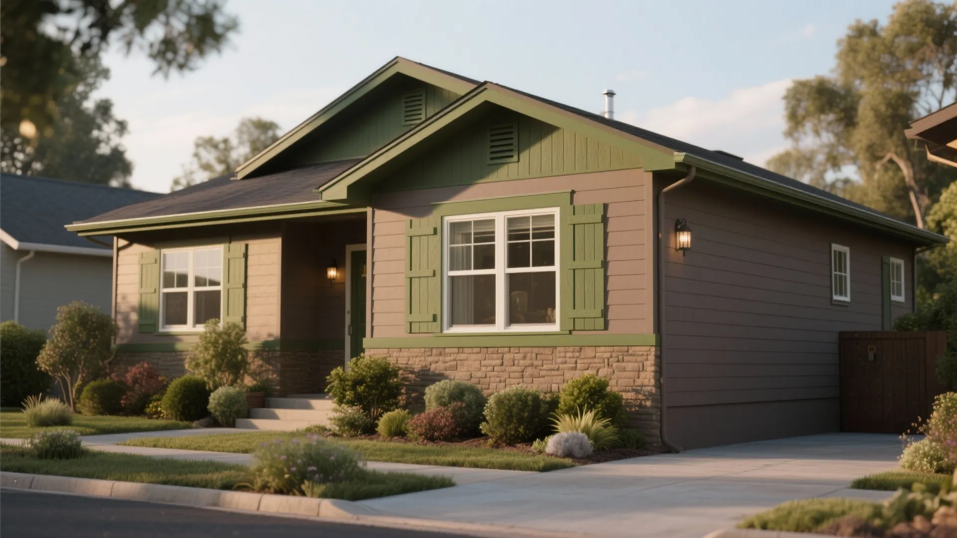 Taupe colored house with green window trim stone base wall light and front garden path