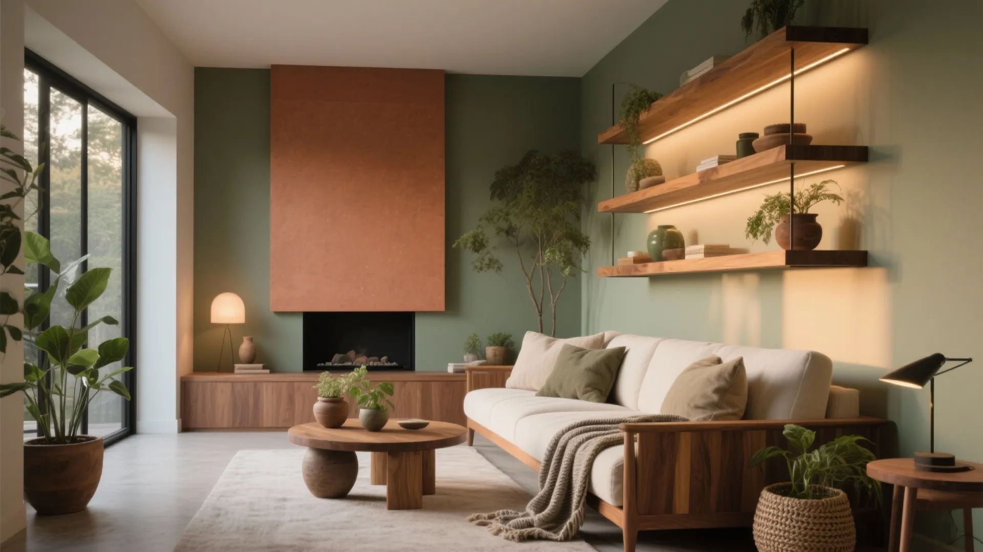 Modern living room with green walls white sofa wooden shelves terracotta fireplace and indoor plants