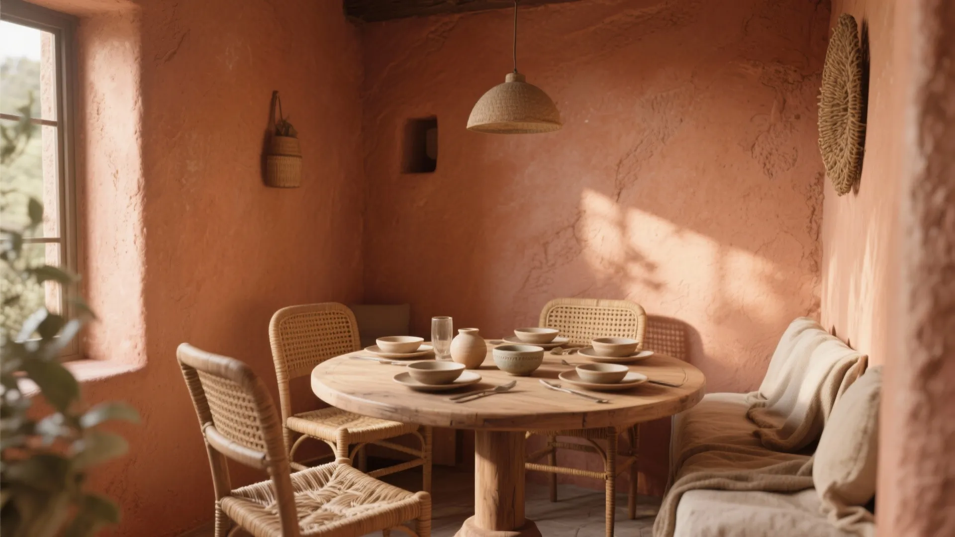 Small dining nook with warm terracotta walls, round wood table and woven chairs under soft daylight.
