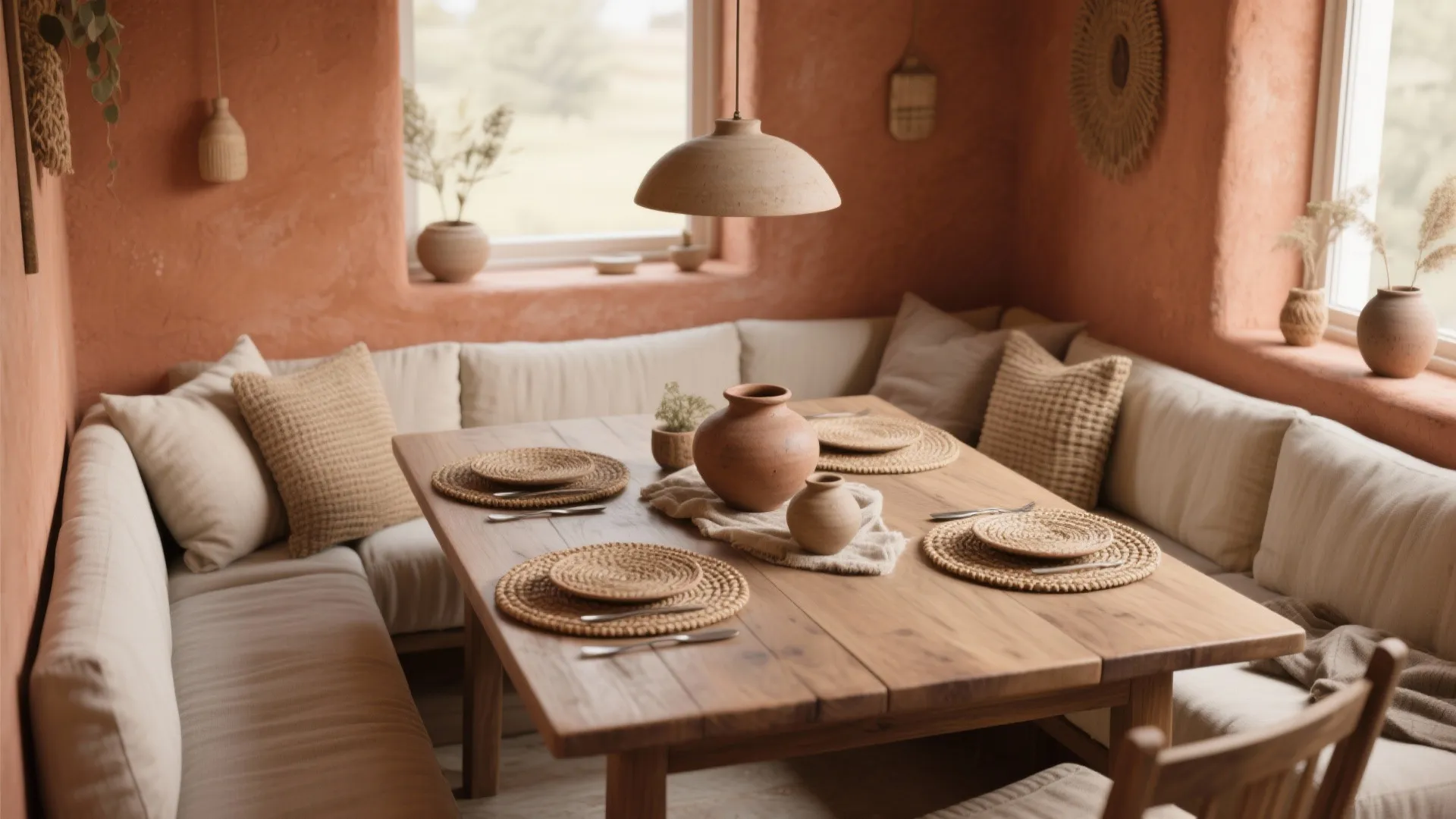 Dining nook with terracotta walls, natural fiber accents, wooden table and neutral upholstery.