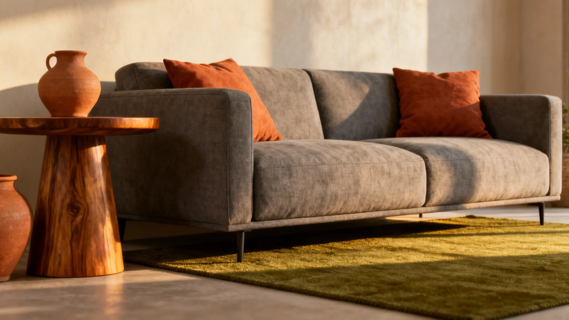 Grey sofa with terracotta cushions and an olive-green rug, warm wood accents and pottery.