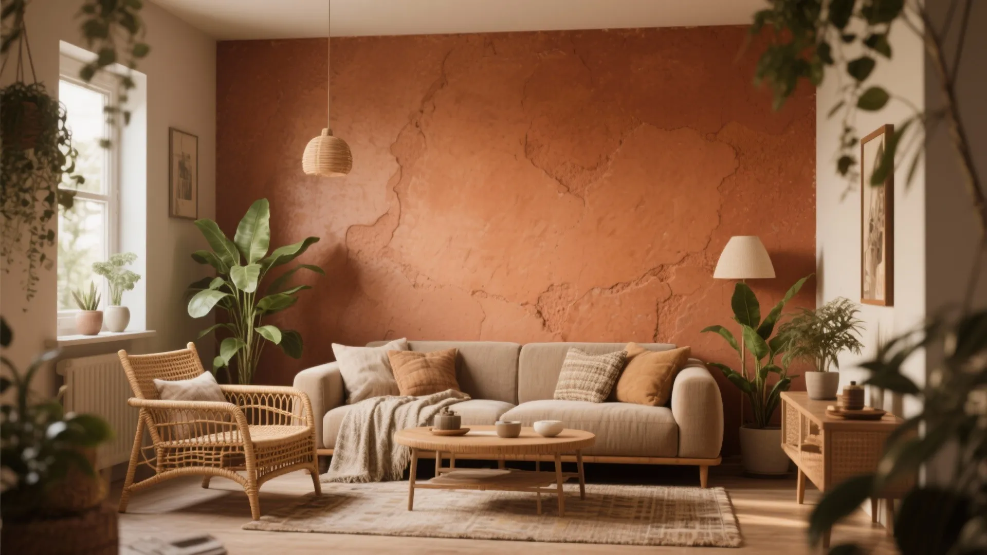 Small living room with earthy terracotta accent wall and natural textures