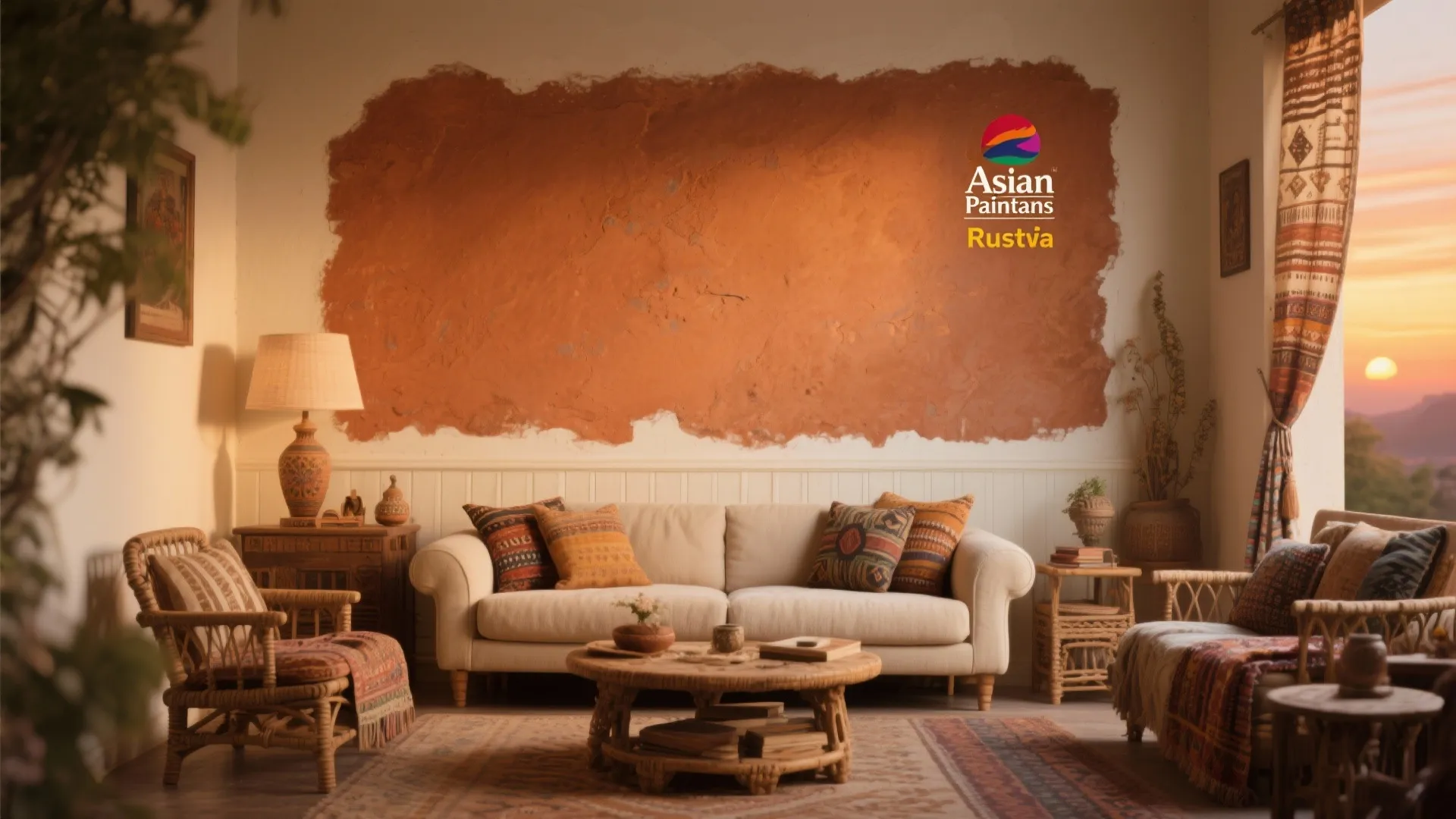 Warm living room with terracotta wall paint textured pillows rattan chairs and sunset window view