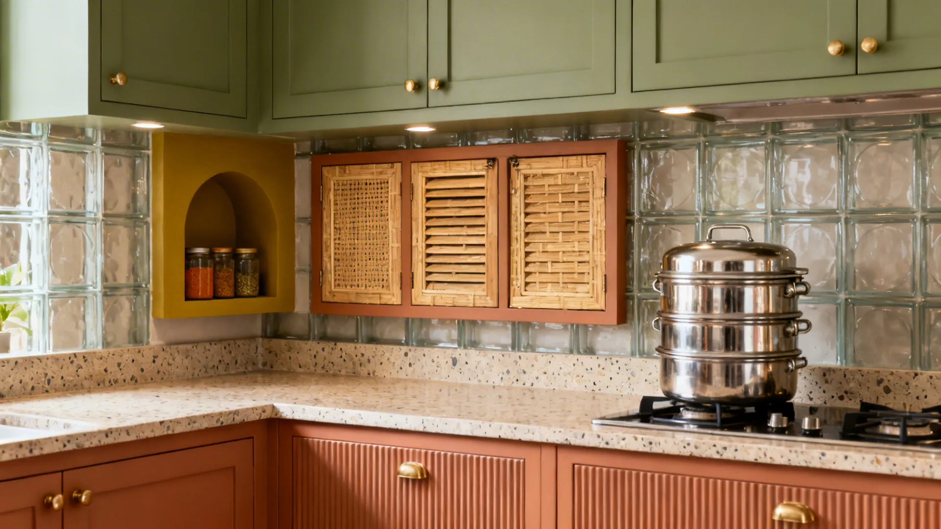 Small kitchen with terracotta bases, sage uppers, and a mustard accent niche with cane shutters.