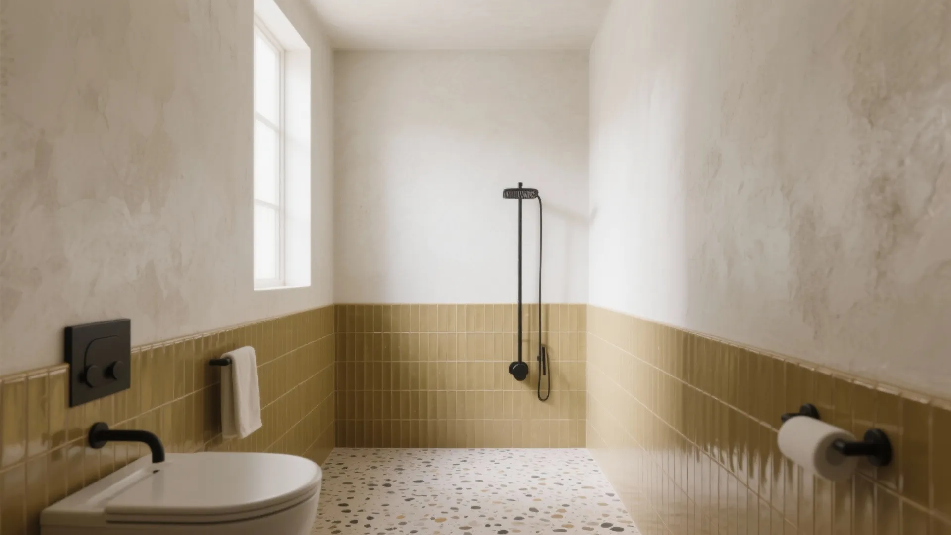 Earthy Balance: Gold Tiles With Terrazzo and Plaster
