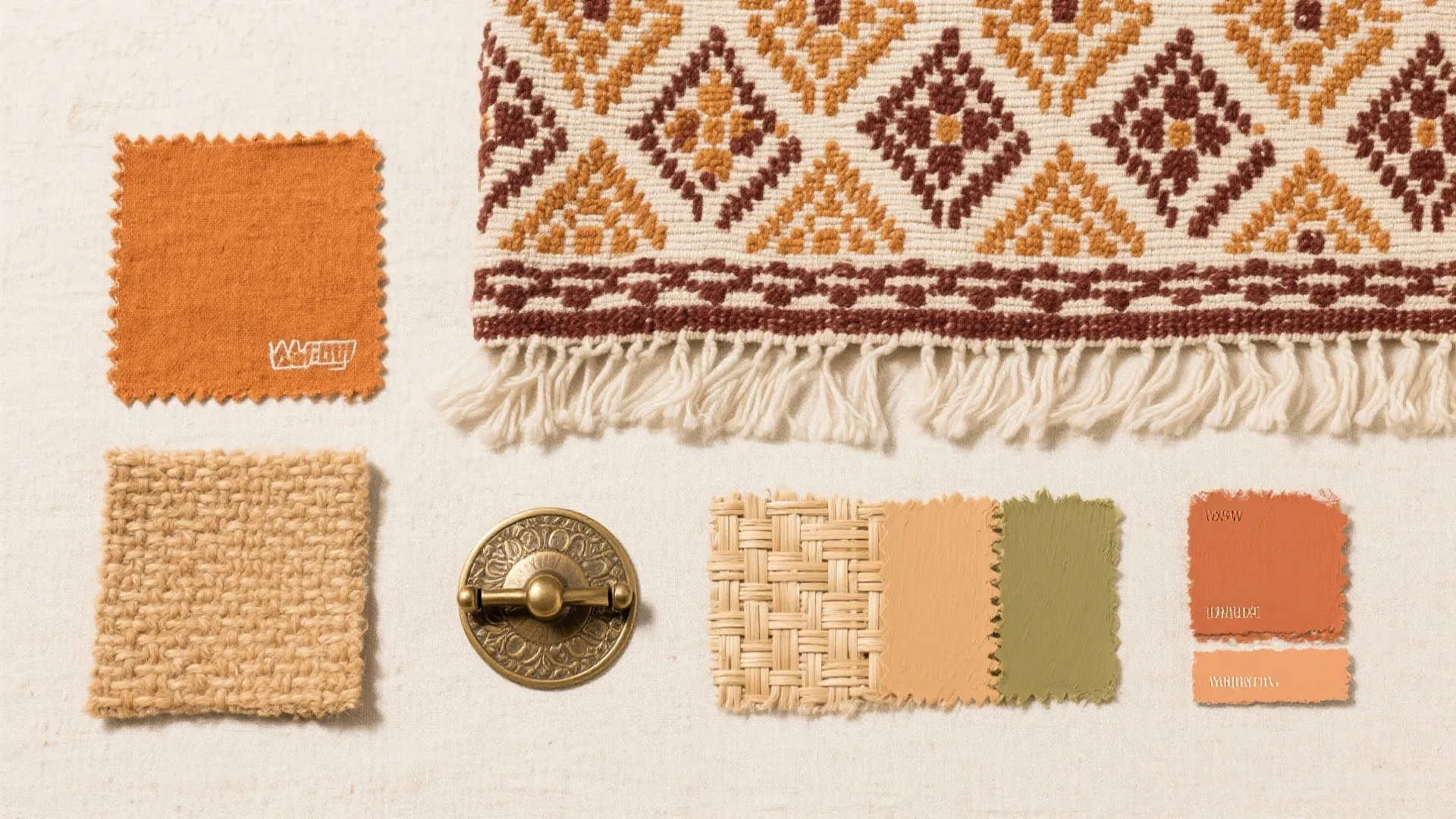 Mood board showing fabric swatches orange and green colors with a patterned rug and handle