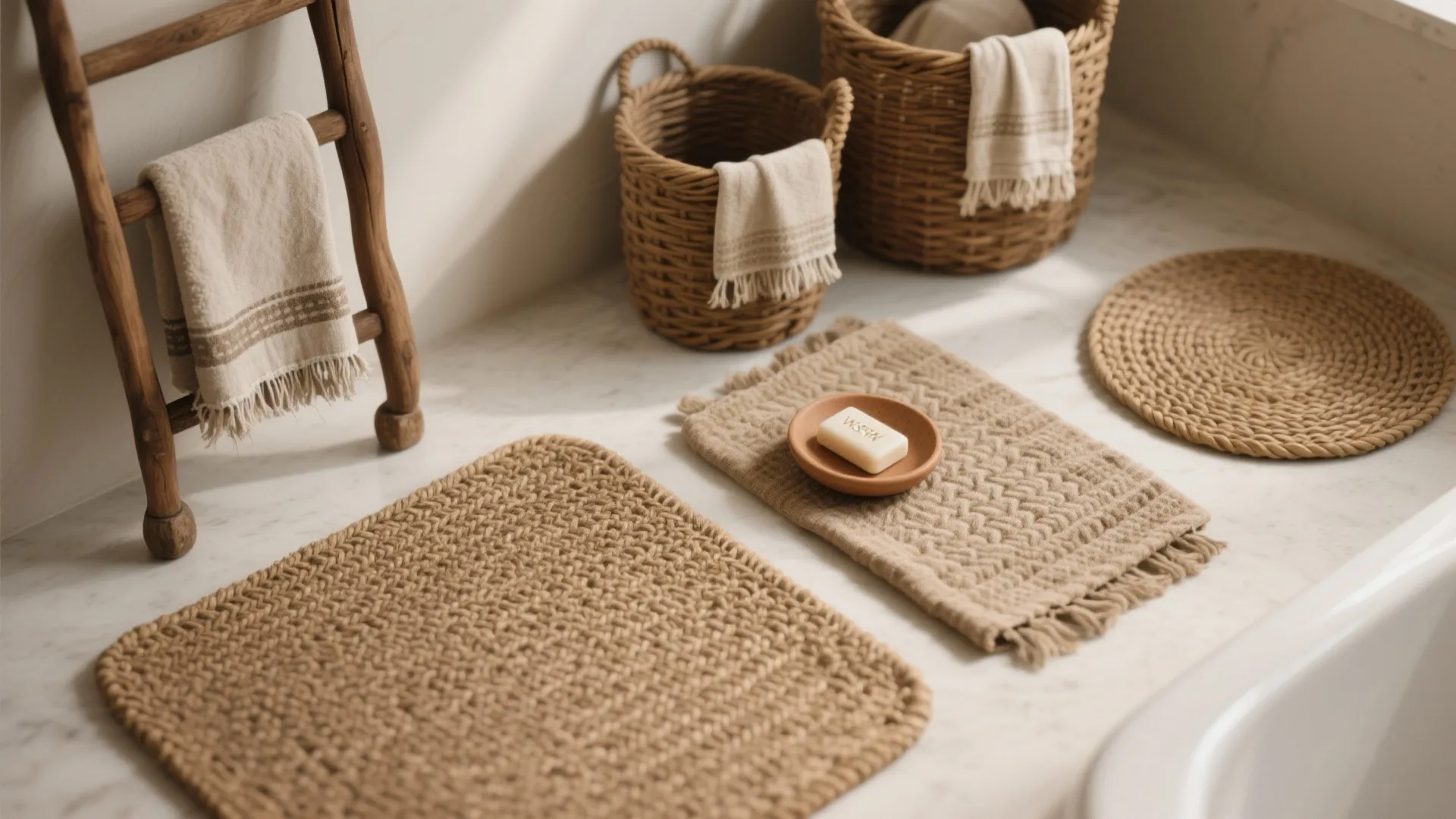 5. Earthy textiles, woven baskets, and vintage finds