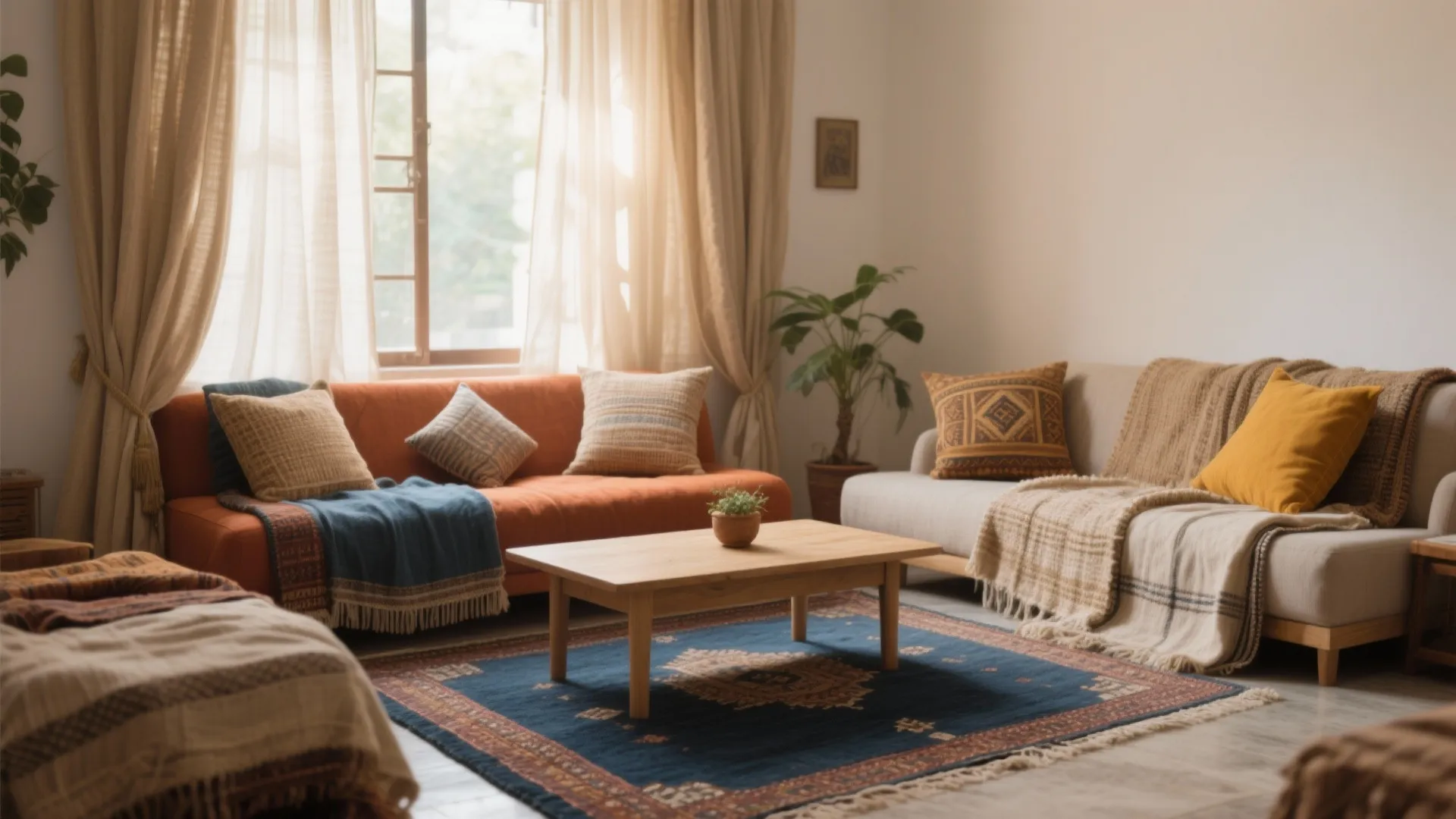Bohemian living room featuring orange and white sofas blue rug wooden coffee table and natural light
