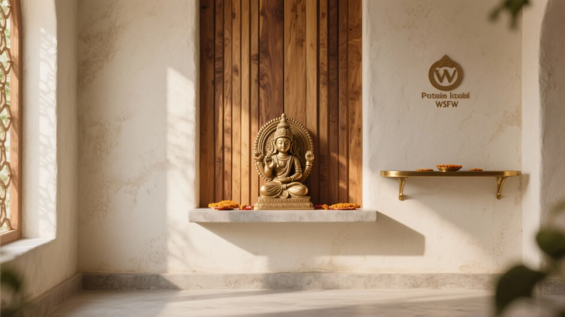 Earthy puja wall with teak slats, limewash side walls, microcement ledge, and a slim brass shelf in soft daylight.