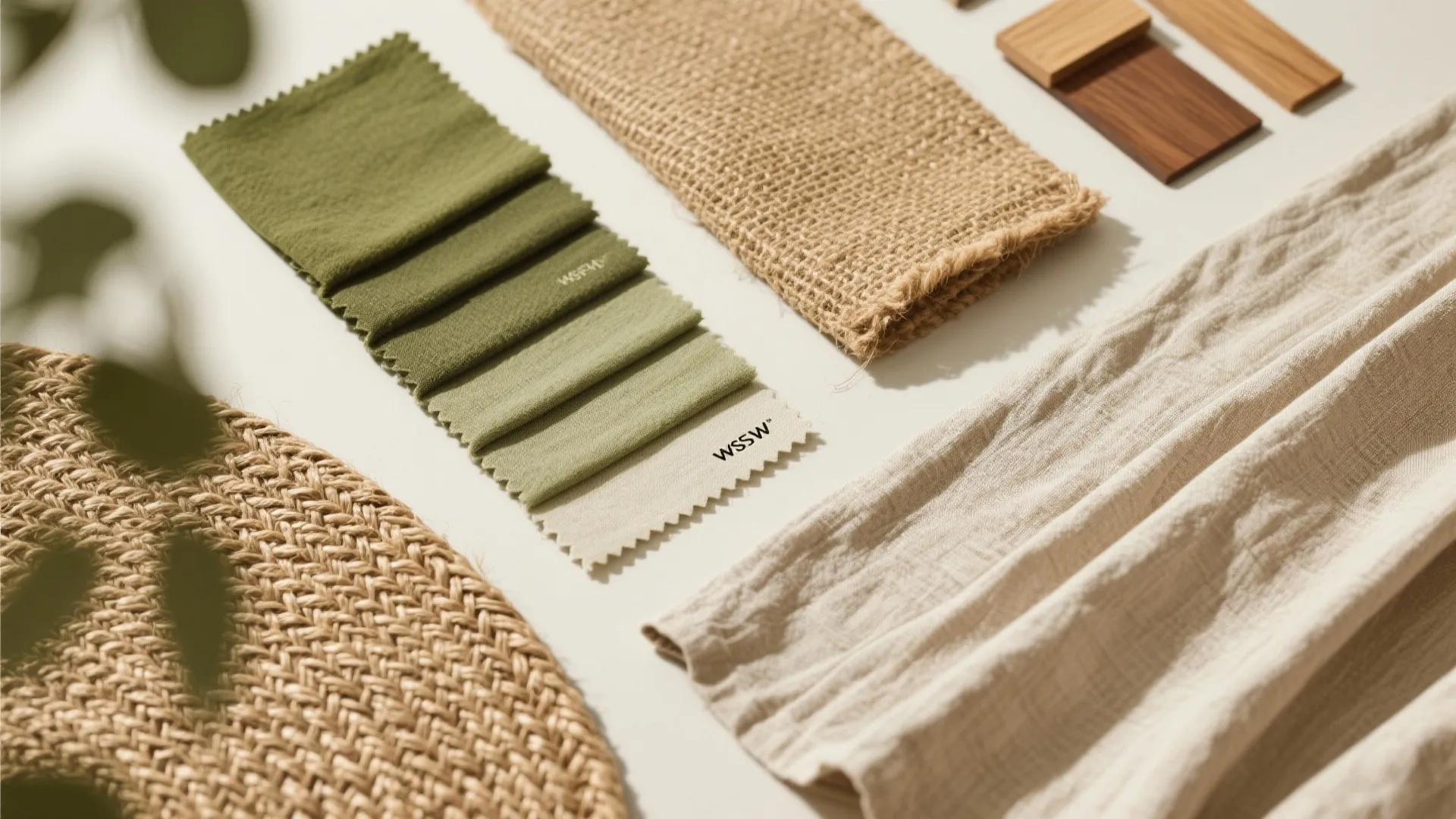 Interior design material board with green fabric samples burlap cloth wood pieces and woven textures