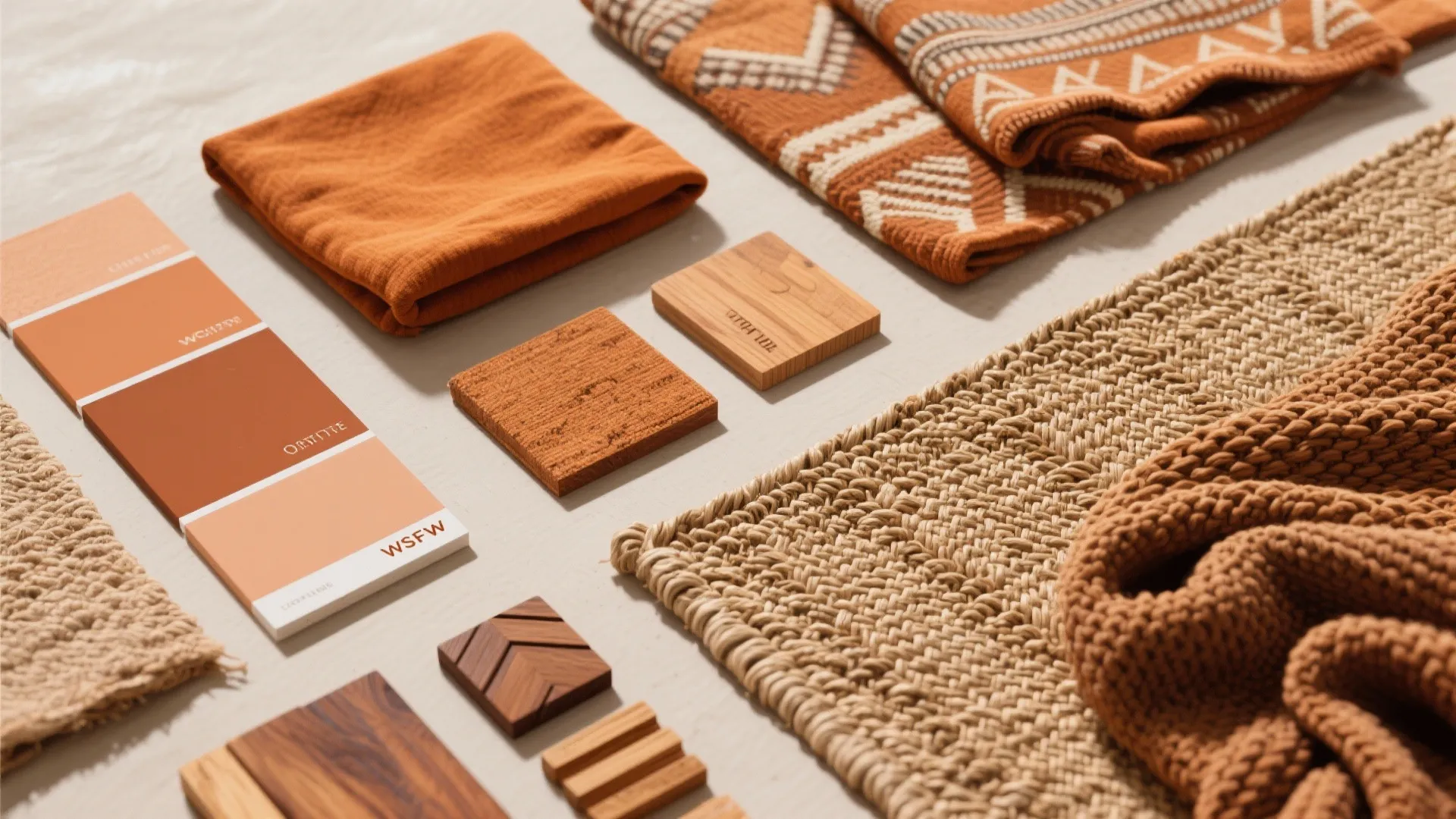 African-inspired earthy color and texture samples in flat lay style