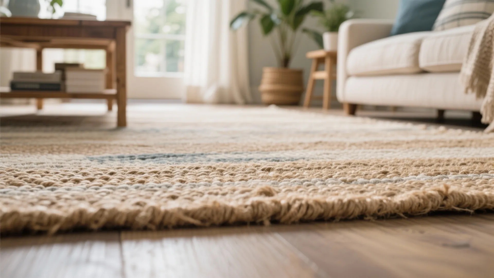 Close up view of textured rug on wooden floor with sofa and coffee table in background