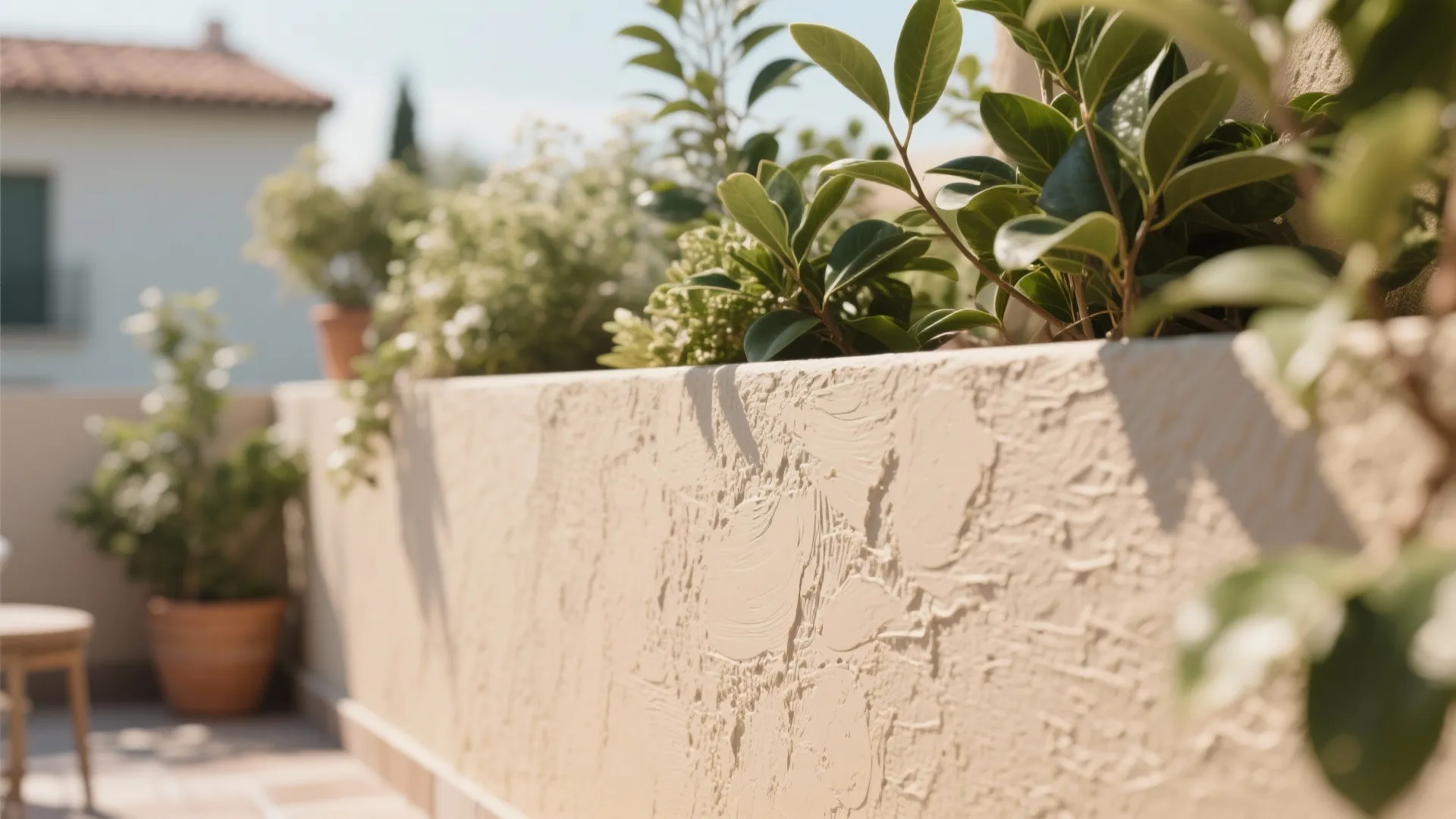 Close up of beige textured outdoor wall panel with green plants under bright natural sunlight