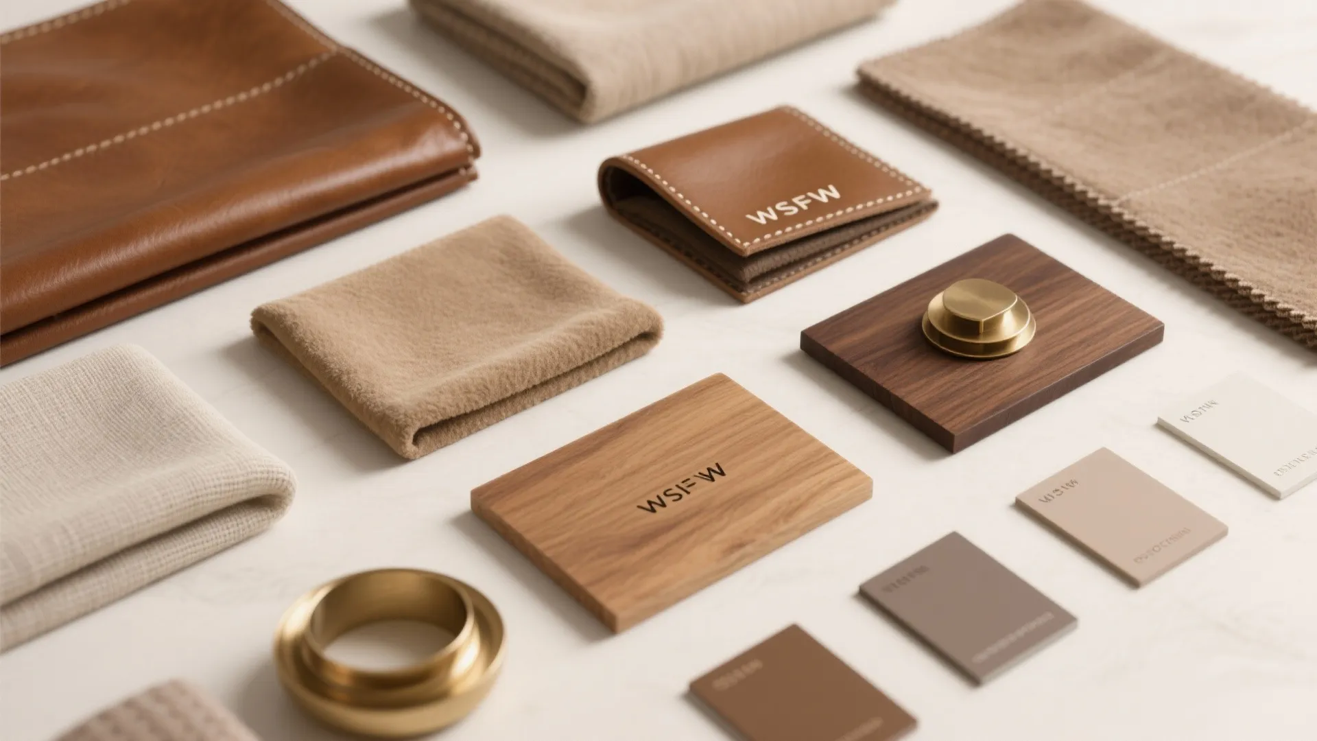 Interior design mood board with leather samples fabric swatches wood pieces and gold metal hardware rings