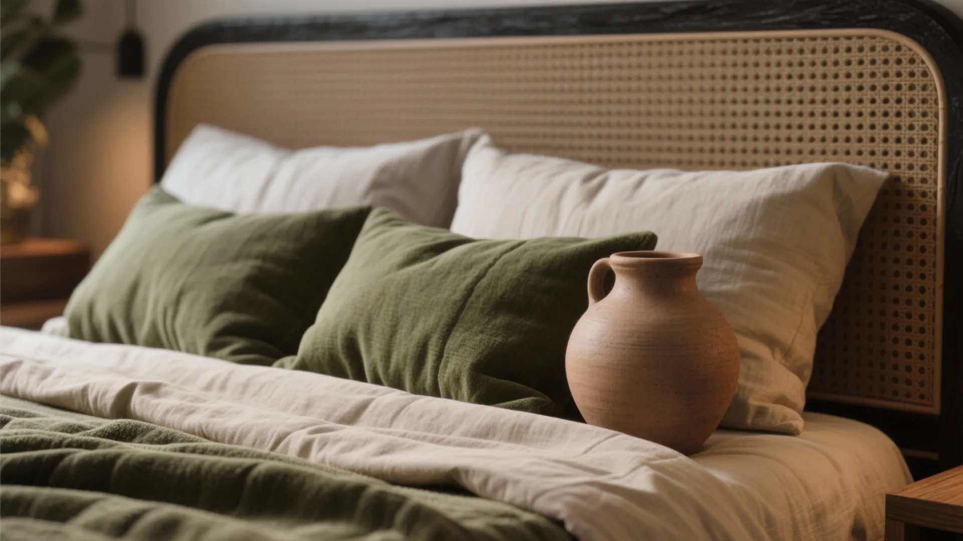 Cozy bedroom with green pillows white bedding rattan headboard and a small brown clay jar
