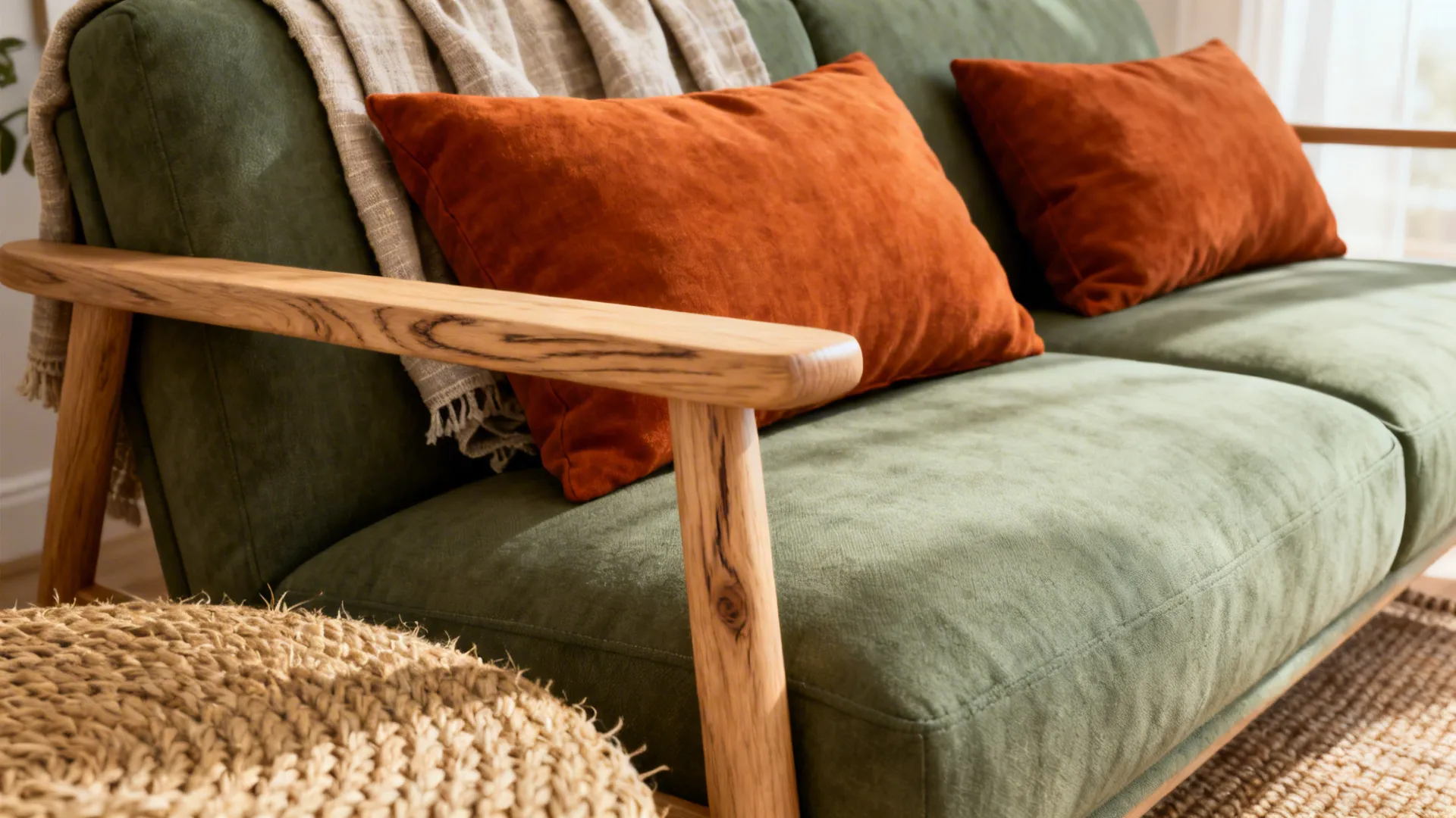 Close-up of burnt orange cushions, sage linen throw and jute rug showing texture and warm tones.