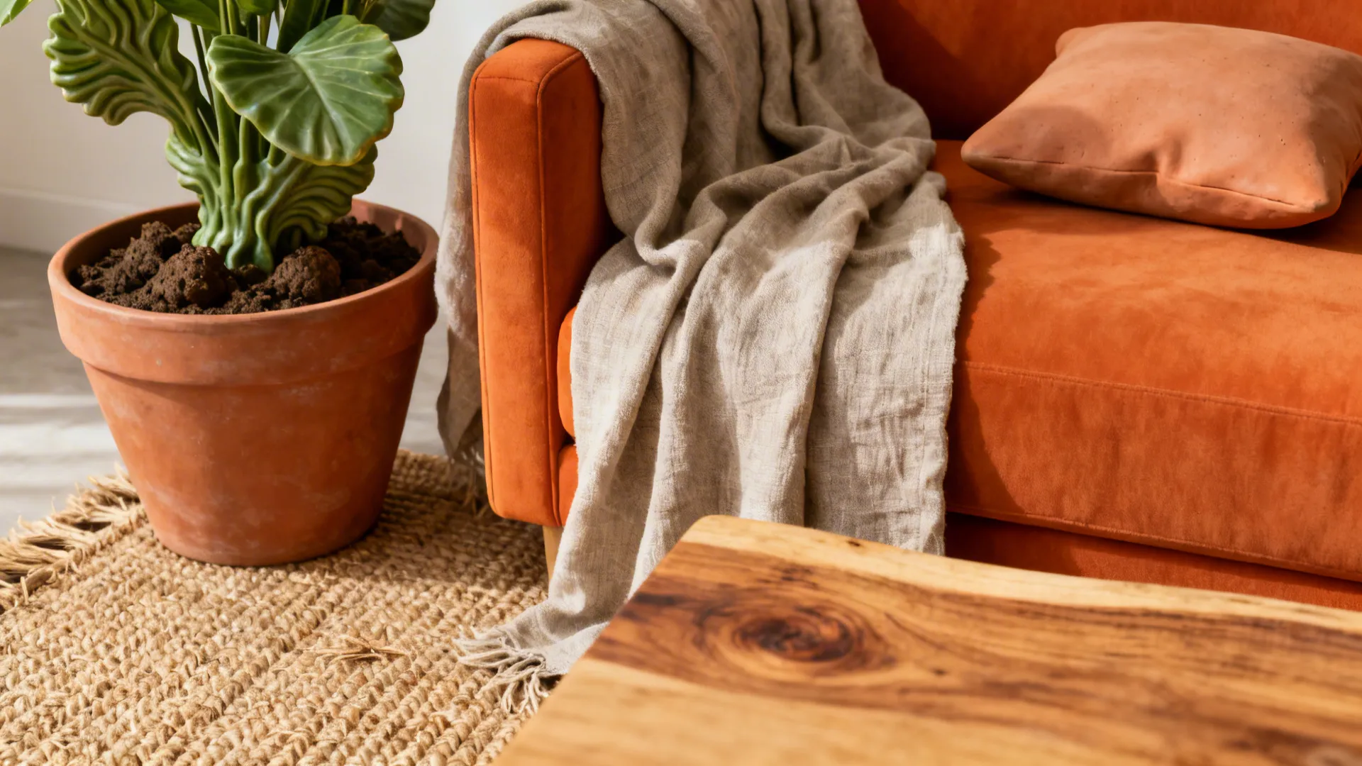 Macro view of jute rug, terracotta pot, raw oak table and linen cushions near an orange sofa.