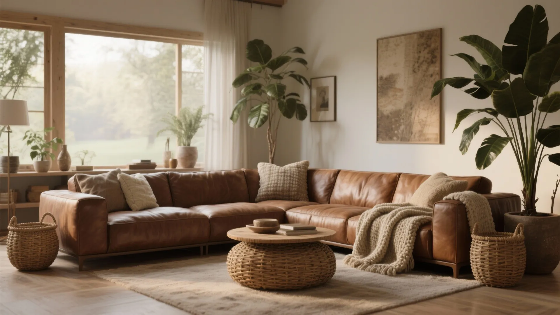 Cozy living room with large leather sofa and woven baskets near a large bright window