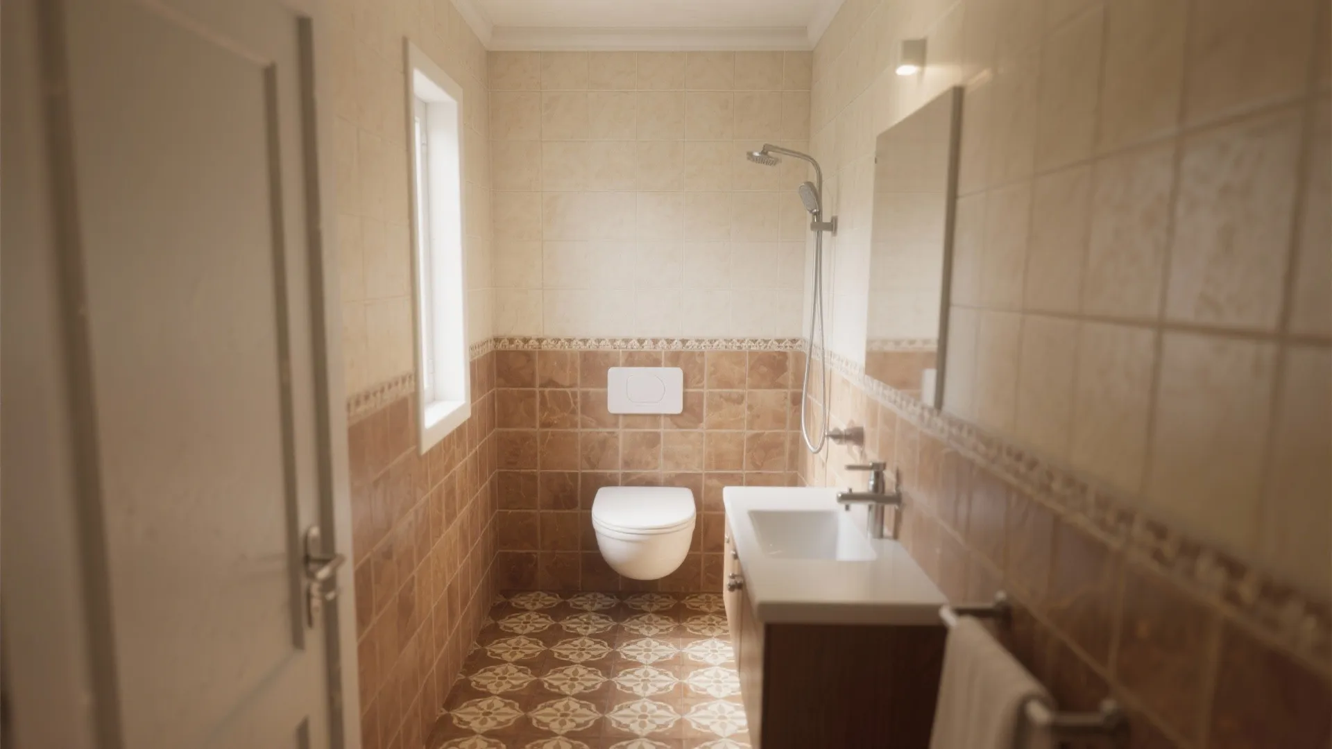 Small bathroom featuring brown wall tiles patterned floor white sink toilet and a simple shower head